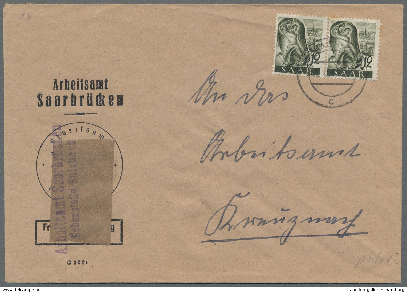 Saarland (1947/56): 1947, "12 Pfg. Saar I Mit PLF I", Einzelwert Bzw. Paar Mit Normalmarke Als Porto - Covers & Documents