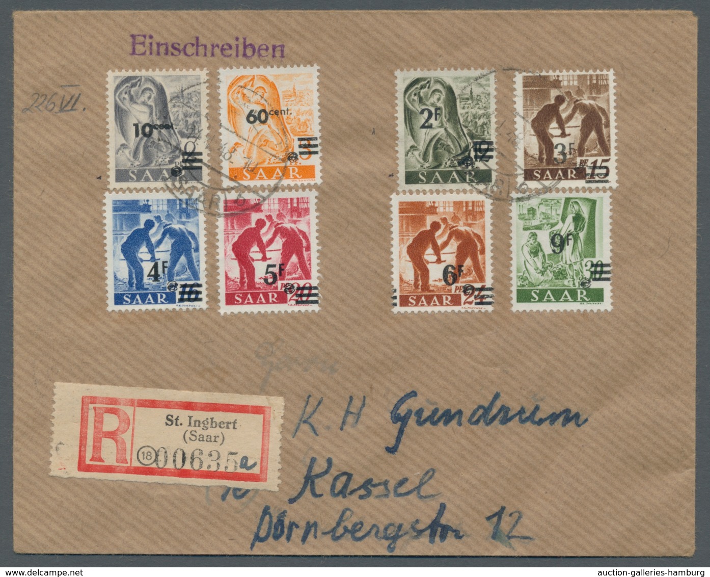 Saarland (1947/56): 1947, "10 C. Auf 2 Pfg. Urdruck" Als MiF Auf R-Brief Von ST. INGBERT (SAAR) B 14 - Cartas & Documentos