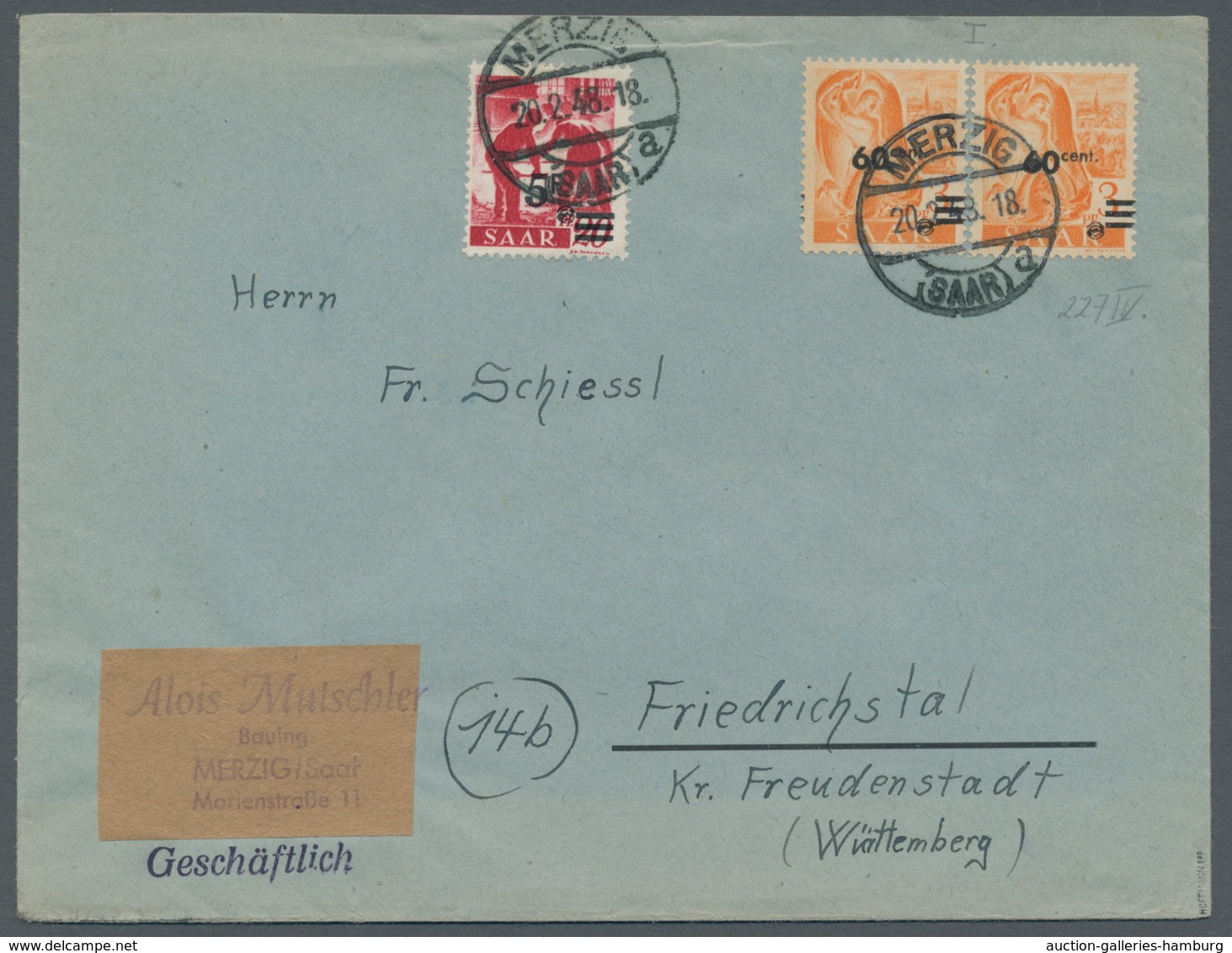 Saarland (1947/56): 1947, "60 C. Auf 3 Pfg. Urdruck", Zwei Werte Mit Einmal Mi. 232 Z II Als Portori - Covers & Documents