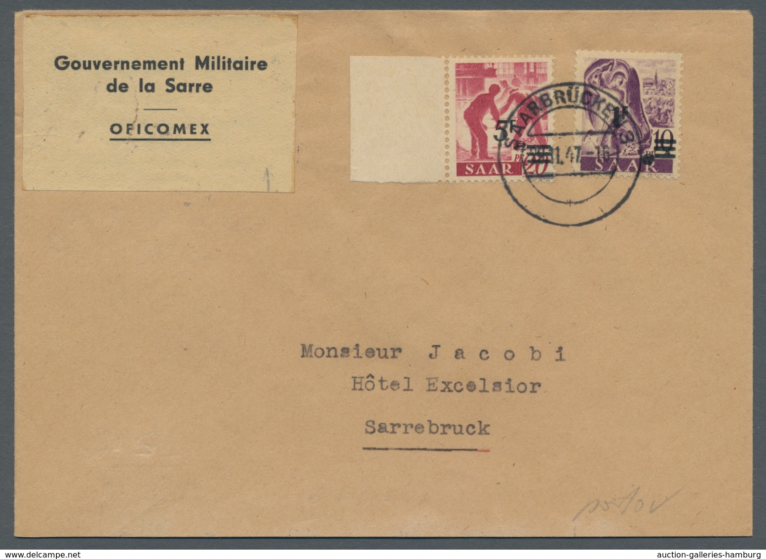 Saarland (1947/56): 1947, "5 Fr. Auf 20 Pfg. Urdruck", Linkes Randstück Mit Zusatzfrankatur Als Port - Cartas & Documentos