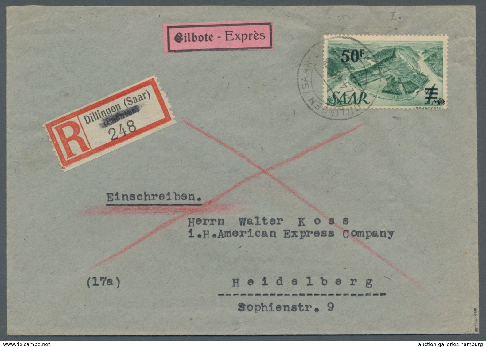 Saarland (1947/56): 1947, "50 Fr. Auf 1 Mk. Urdruck" Als EF Auf Eil-R-Brief Von DILLINGEN (SAAR) A 1 - Covers & Documents