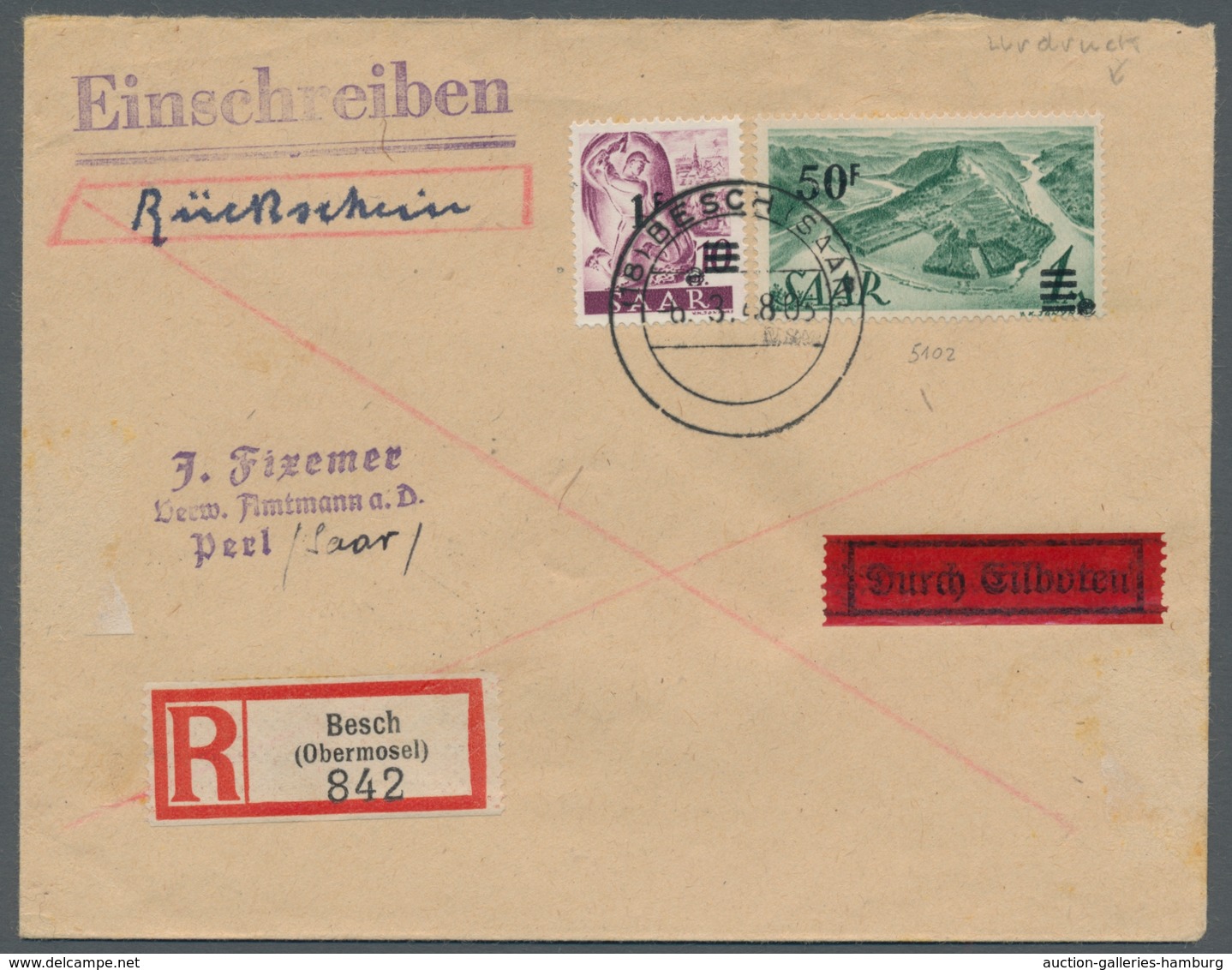 Saarland (1947/56): 1947, "50 Fr. Auf 1 Mk. Urdruck" Mit Zusatzfrankatur Als Portorichtige MiF Auf S - Cartas & Documentos