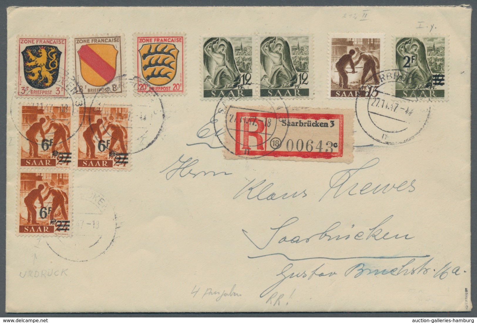 Saarland (1947/56): 1947, "15 Pfg. Neuauflage Ohne Aufdruck", Farbfrischer Wert In Vierfach-MiF Mit - Cartas & Documentos