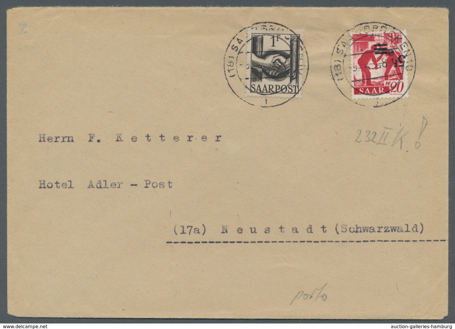 Saarland (1947/56): 1947, "5 Fr. Auf 20 Pfg. Neuauflage Mit Kopfstehendem Aufdruck" Mit Zusatzfranka - Covers & Documents