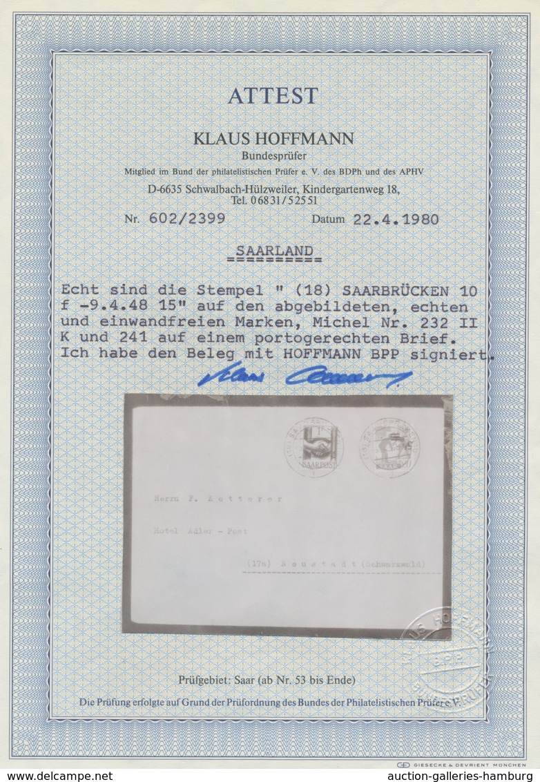 Saarland (1947/56): 1947, "5 Fr. Auf 20 Pfg. Neuauflage Mit Kopfstehendem Aufdruck" Mit Zusatzfranka - Briefe U. Dokumente