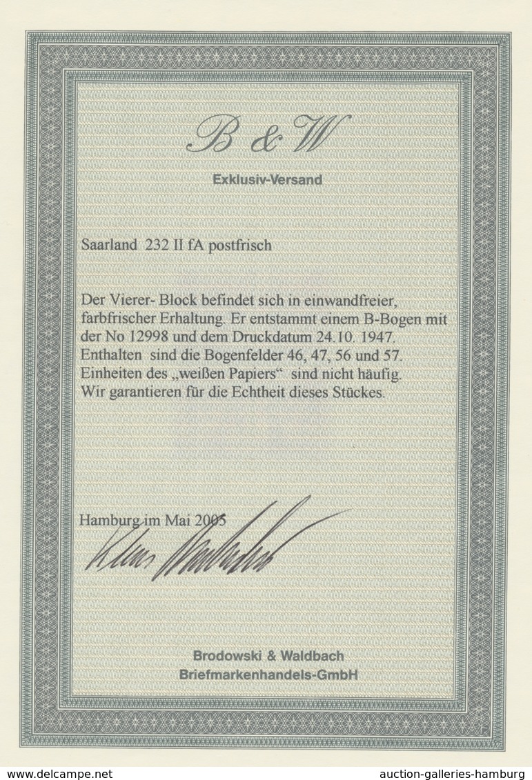 Saarland (1947/56): 1947, "20 Pfg. Neuauflage Ohne Aufdruck", Postfrischer Viererblock In Tadelloser - Cartas & Documentos