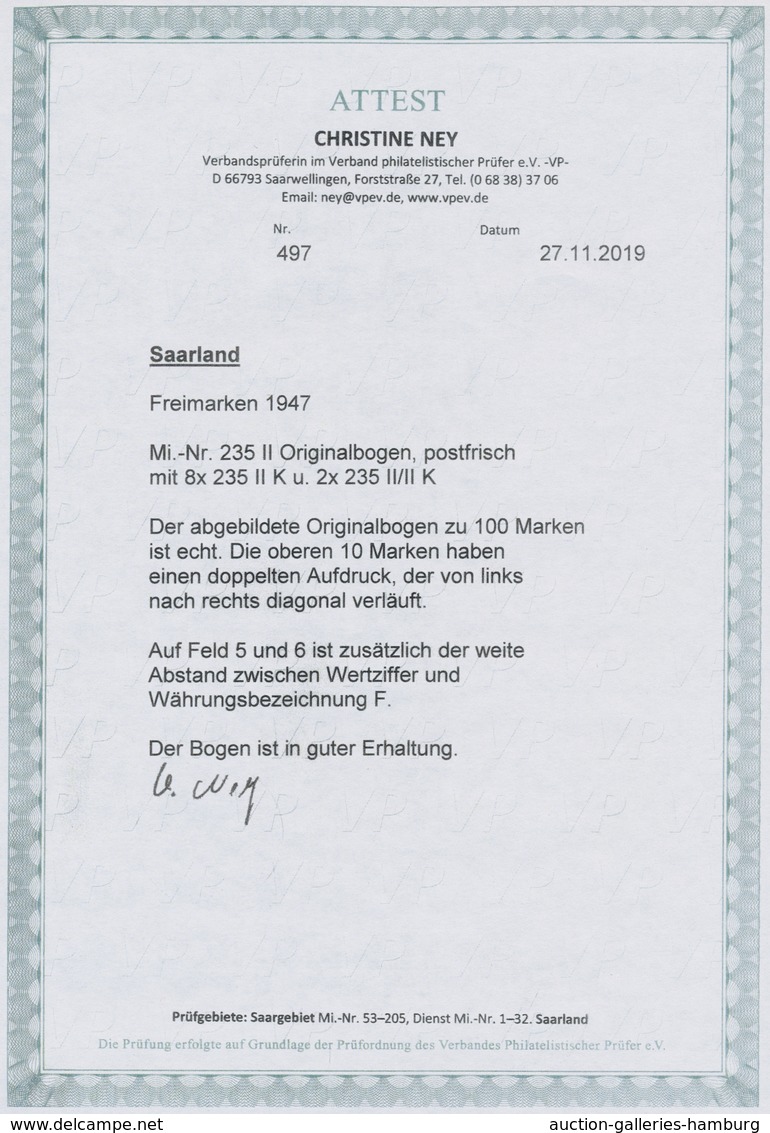 Saarland (1947/56): 1947, "10 Fr. Auf 50 Pfg. Neuauflage Mit Doppeldruck", Senkrechtes Bogenteil Zu - Cartas & Documentos