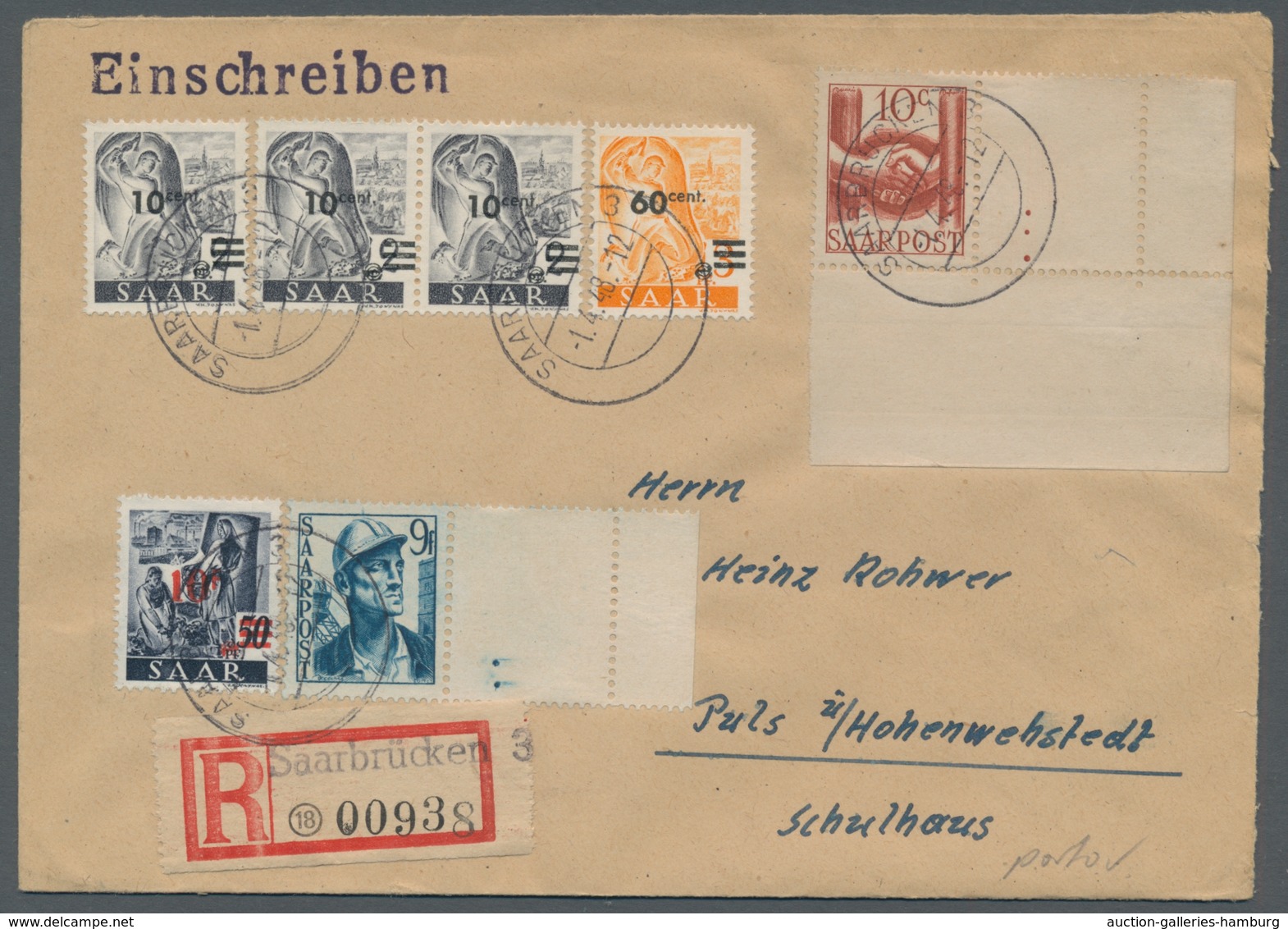 Saarland (1947/56): 1948, "10 C. Und 9 Fr. Saar III Mit Leerfeld", Eckrand- Und Randwert Mit Zusatzf - Cartas & Documentos
