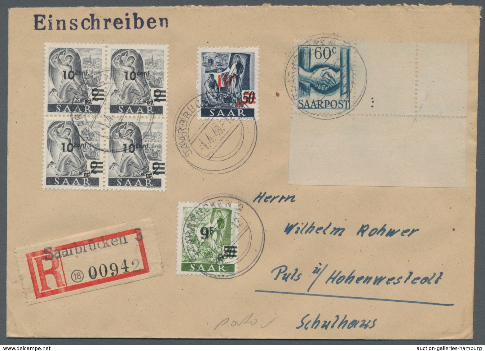 Saarland (1947/56): 1948, "60 C. Saar III Mit Leerfeld", Eckrandwert Mit Zusatzfrankatur Als Portori - Cartas & Documentos