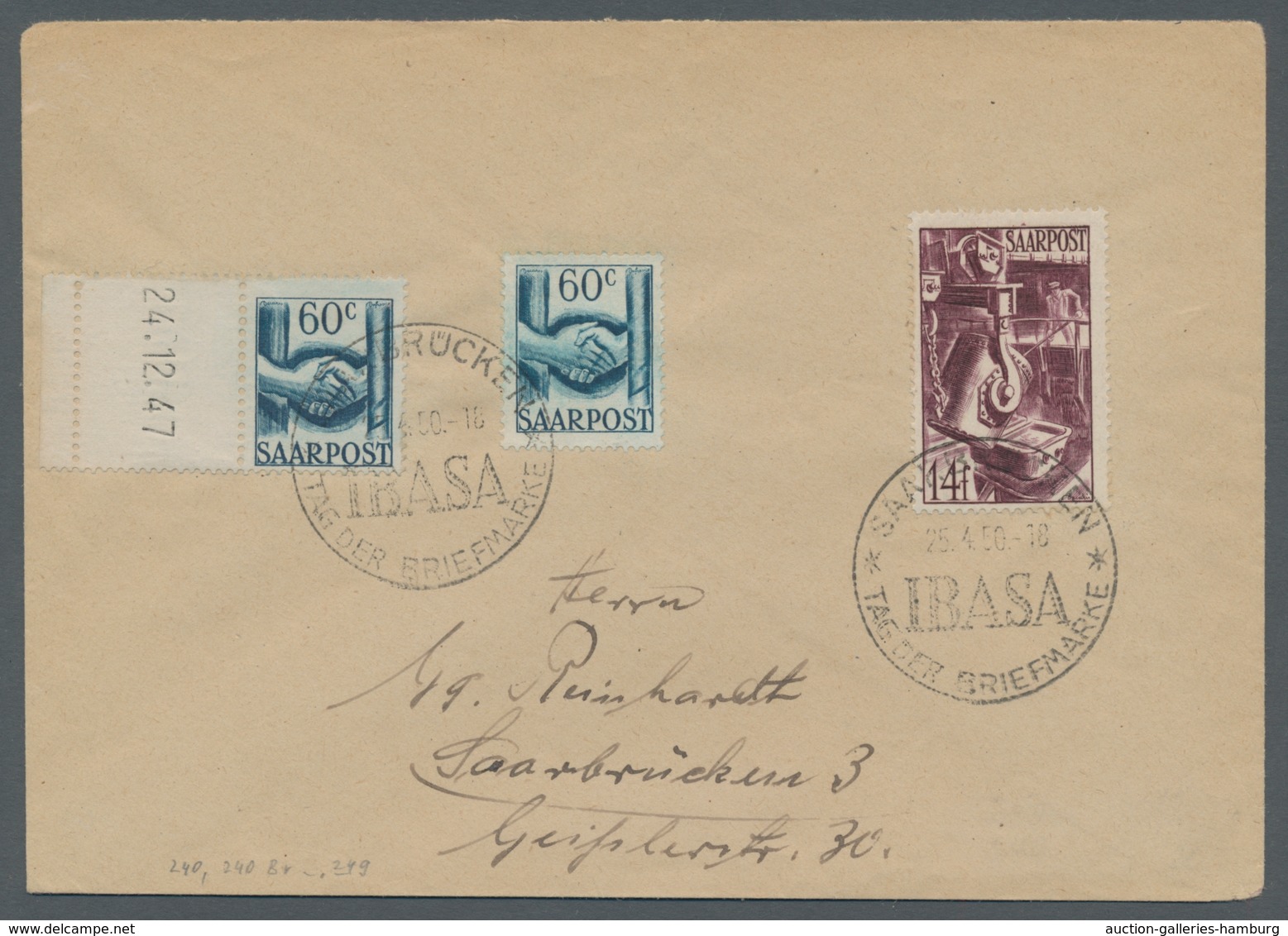 Saarland (1947/56): 1948, Saar III, 60c Grünlichblau, Mit Anhängendem Leerfeld U. Druckdatum, In Mif - Briefe U. Dokumente