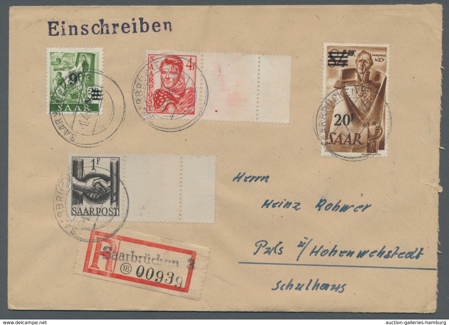 Saarland (1947/56): 1948, "1 Und 4 Fr. Saar III Mit Leerfeld", Randwerte Mit Zusatzfrankatur Auf R-F - Covers & Documents