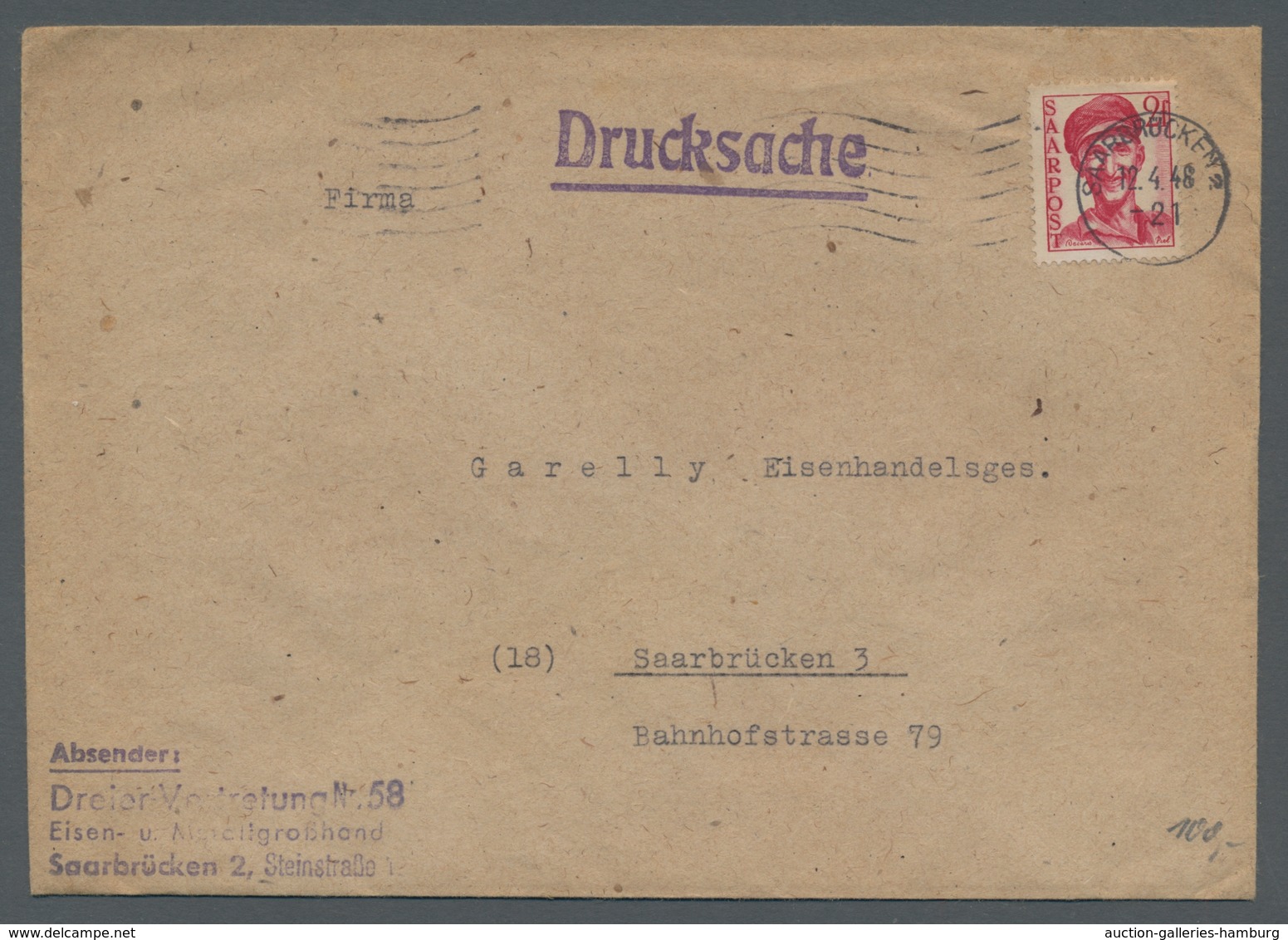 Saarland (1947/56): 1948, "2 Fr. Saar III", Einzelwert Als Seltene Portorichtige EF Auf Orts-Drucksa - Cartas & Documentos