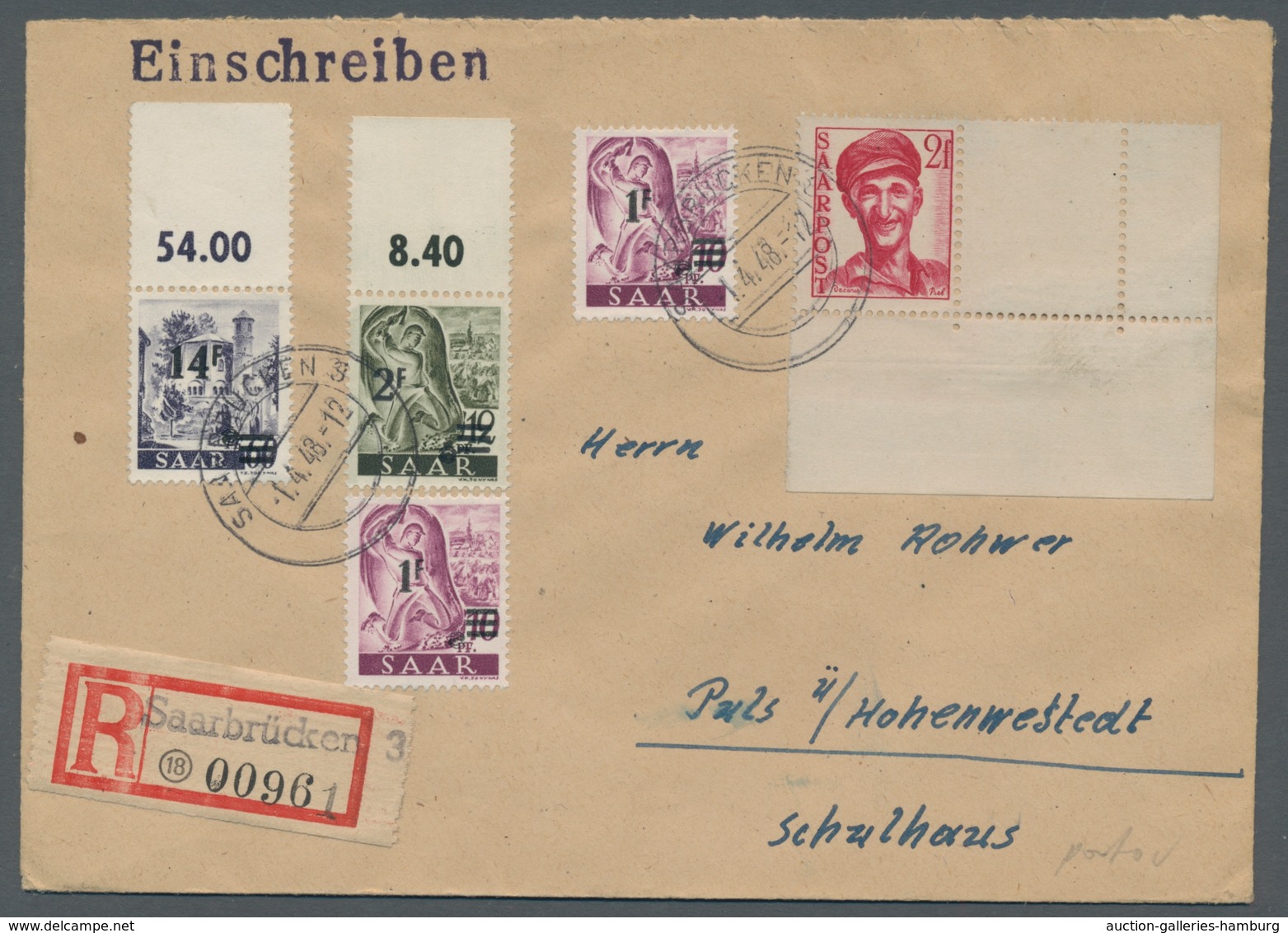 Saarland (1947/56): 1948, "2 Fr. Saar III Mit Leerfeld", Bogenecke Mit Zusatzfrankatur Als Portorich - Cartas & Documentos