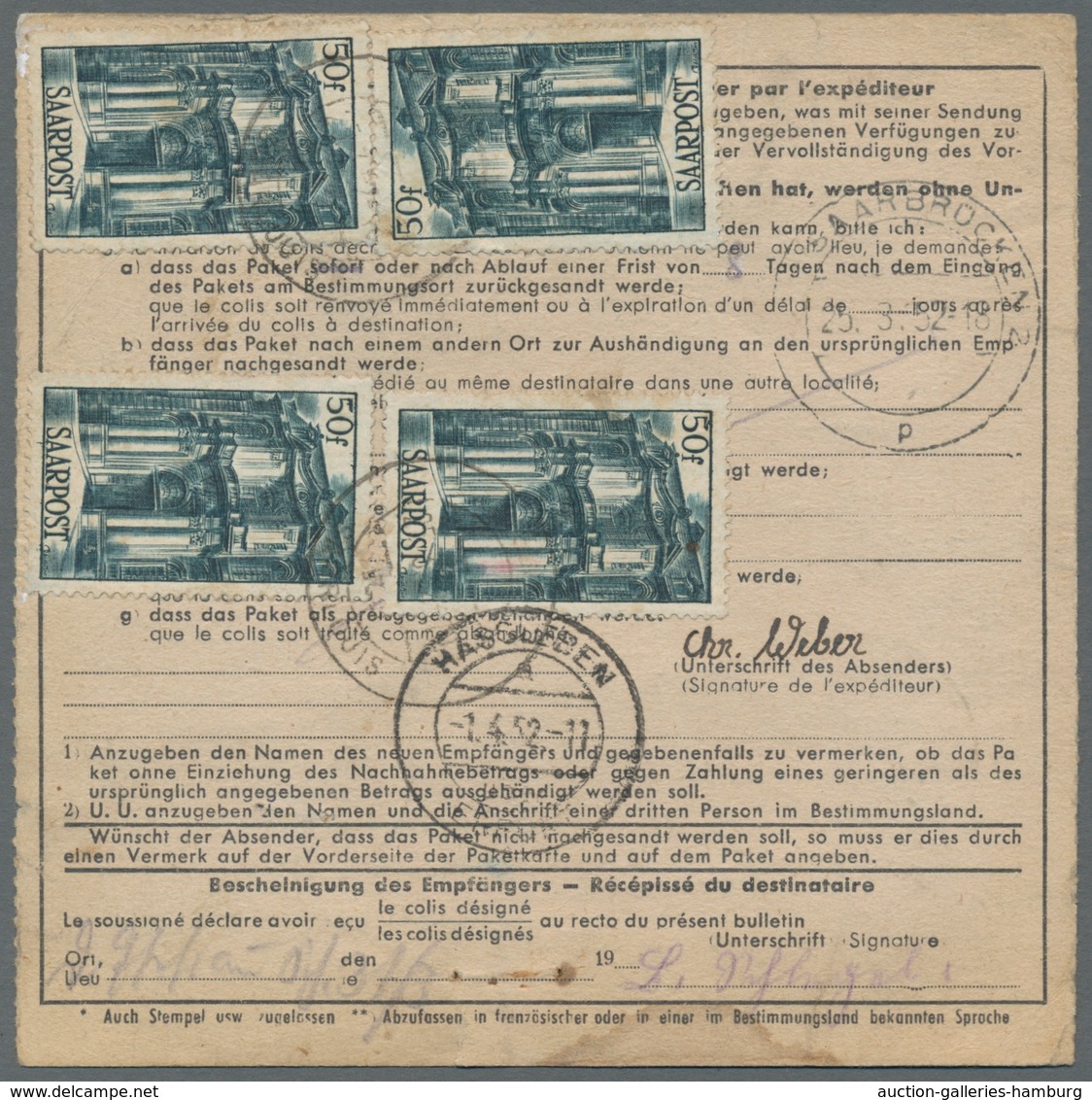 Saarland (1947/56): 1948, "50 Fr. Saar III", Sechs Werte In MiF Mit Dreimal 15 Fr. Saar IV Auf Selte - Covers & Documents