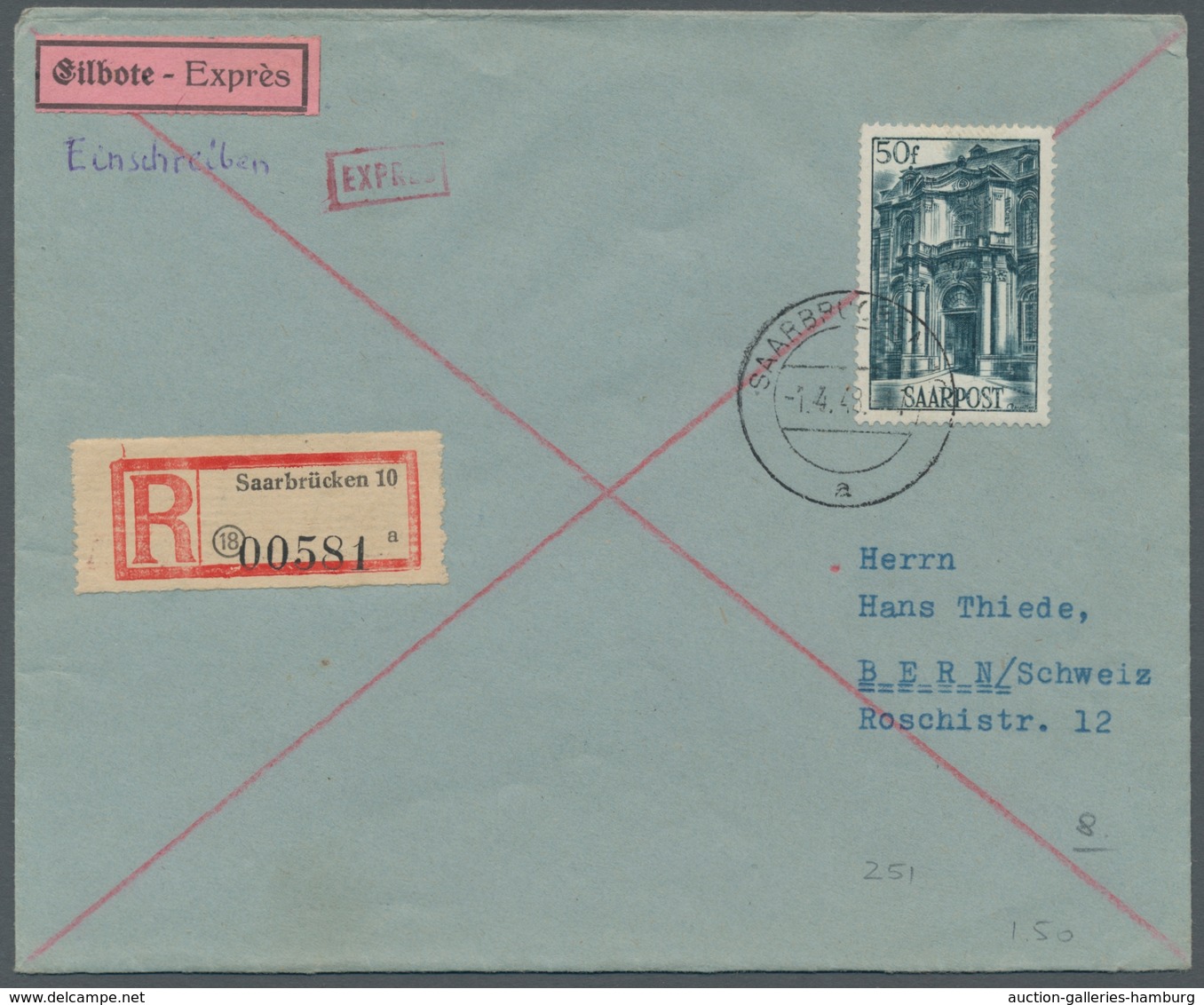 Saarland (1947/56): 1948, "50 Fr. Saar III" Mit Zusatzfrankatur Auf Eil-R-Brief Mit Ersttagsstempel - Covers & Documents