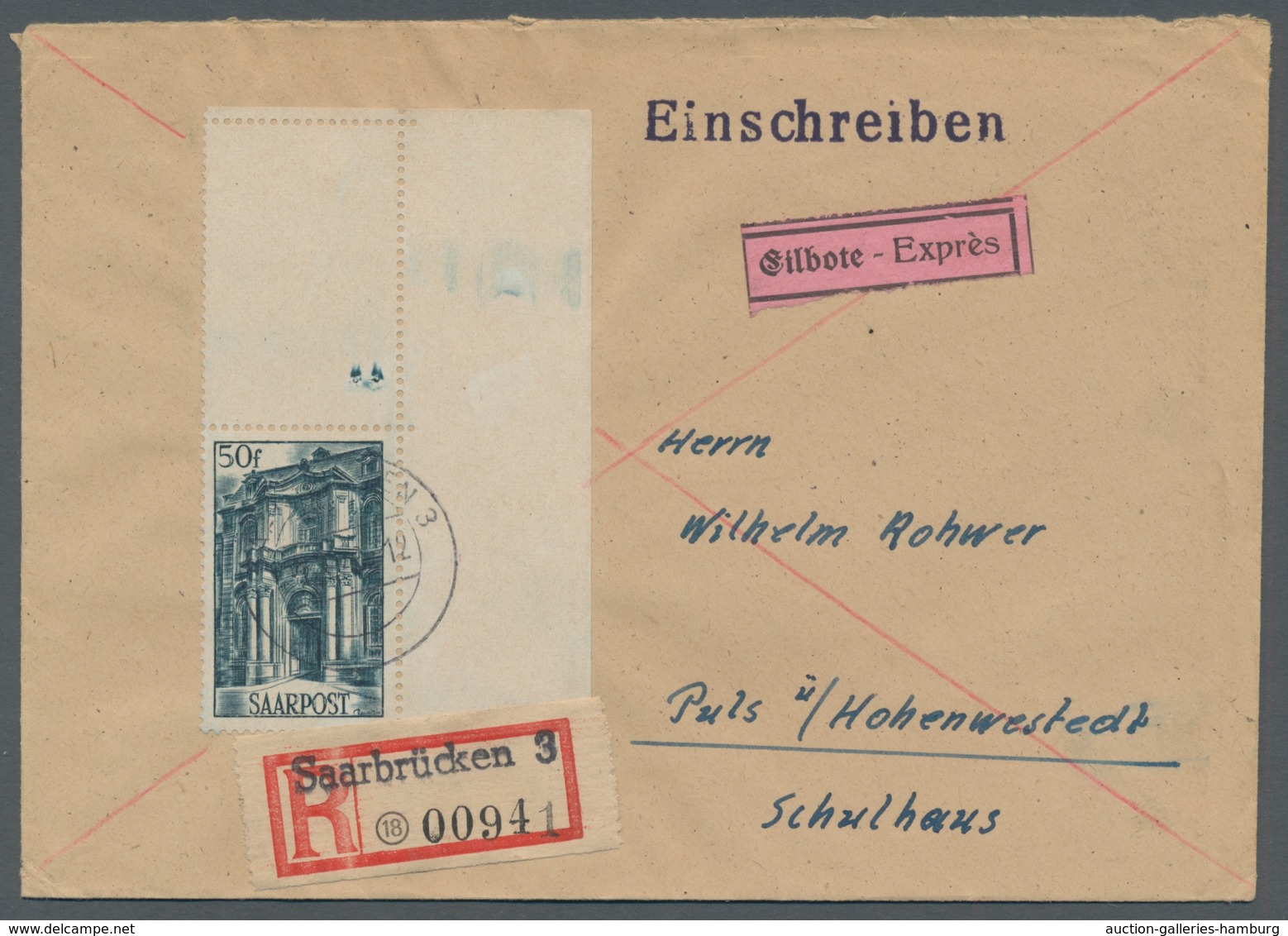 Saarland (1947/56): 1948, "50 Fr. Saar III Mit Leerfeld", Bogenecke Oben Rechts Auf Eil-R-Brief Mit - Cartas & Documentos