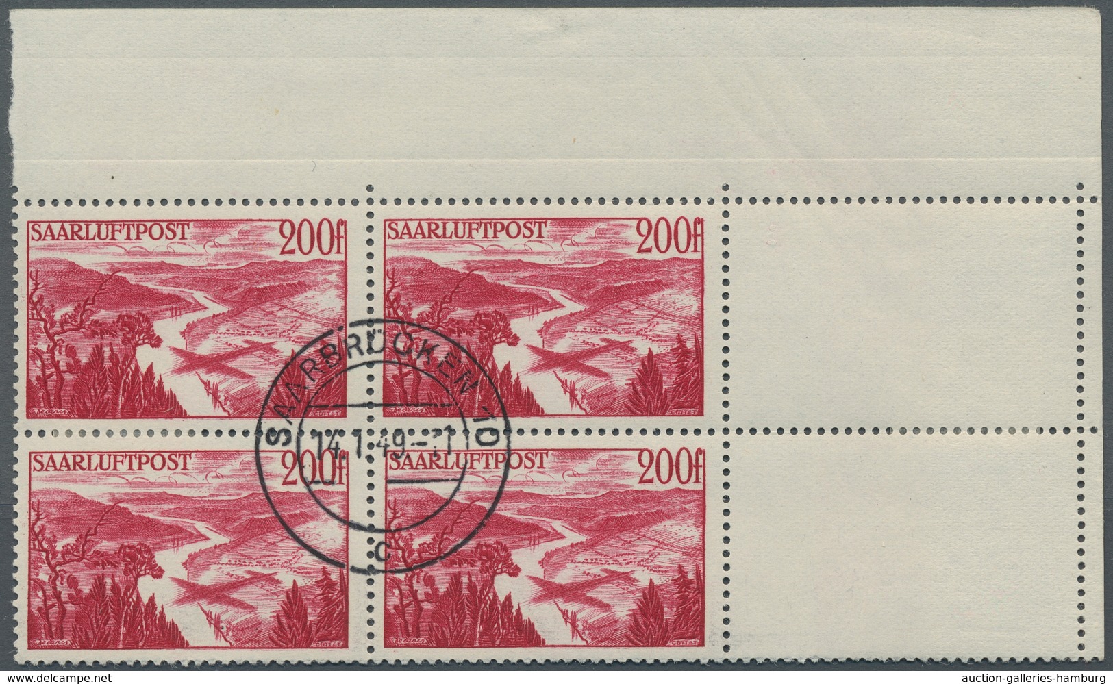 Saarland (1947/56): 1948, "25 Bis 200 Fr. Flugpost Saar III", Zentral Gestempelter Eckrand-Viererblo - Cartas & Documentos