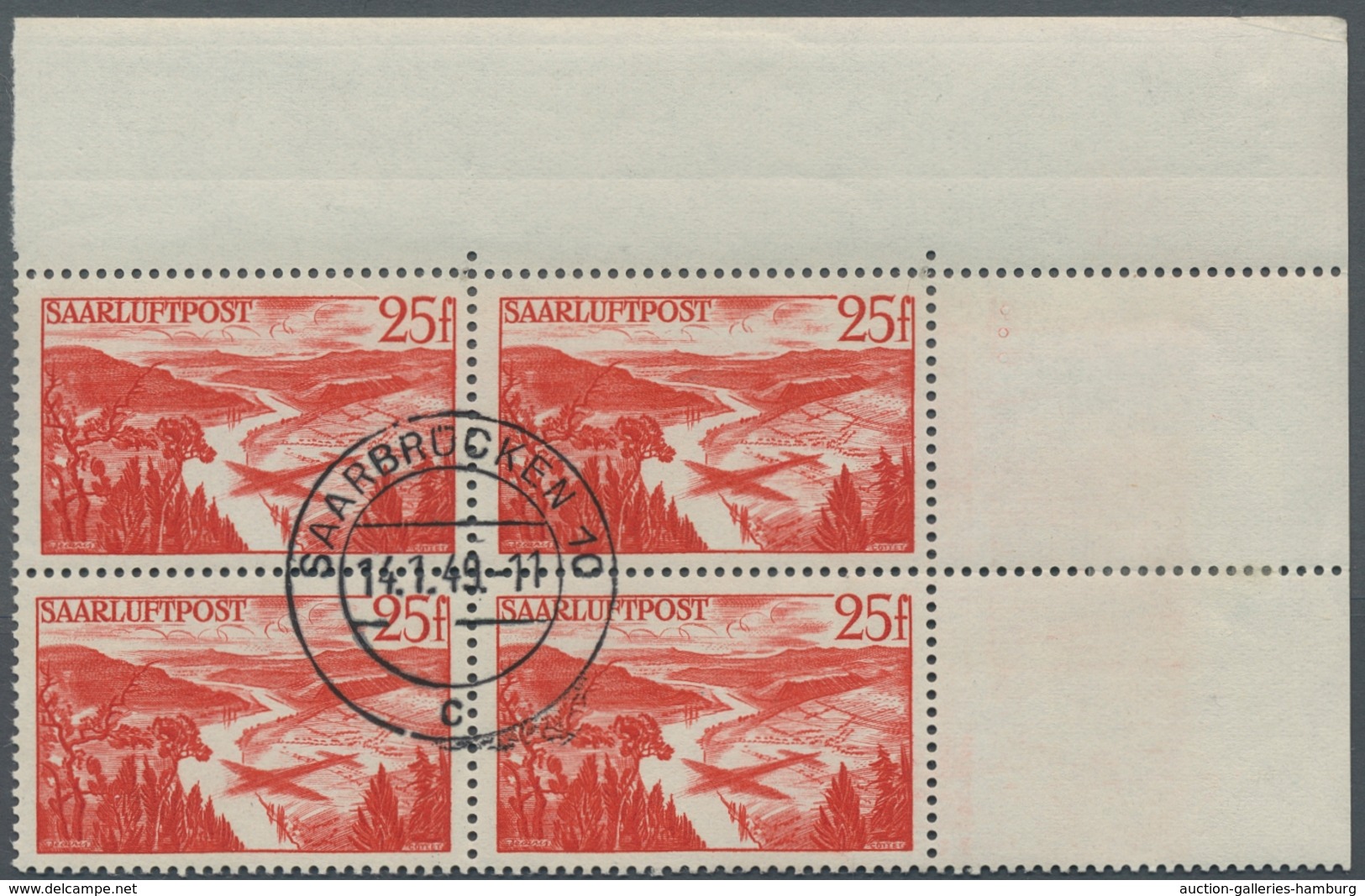 Saarland (1947/56): 1948, "25 Bis 200 Fr. Flugpost Saar III", Zentral Gestempelter Eckrand-Viererblo - Cartas & Documentos