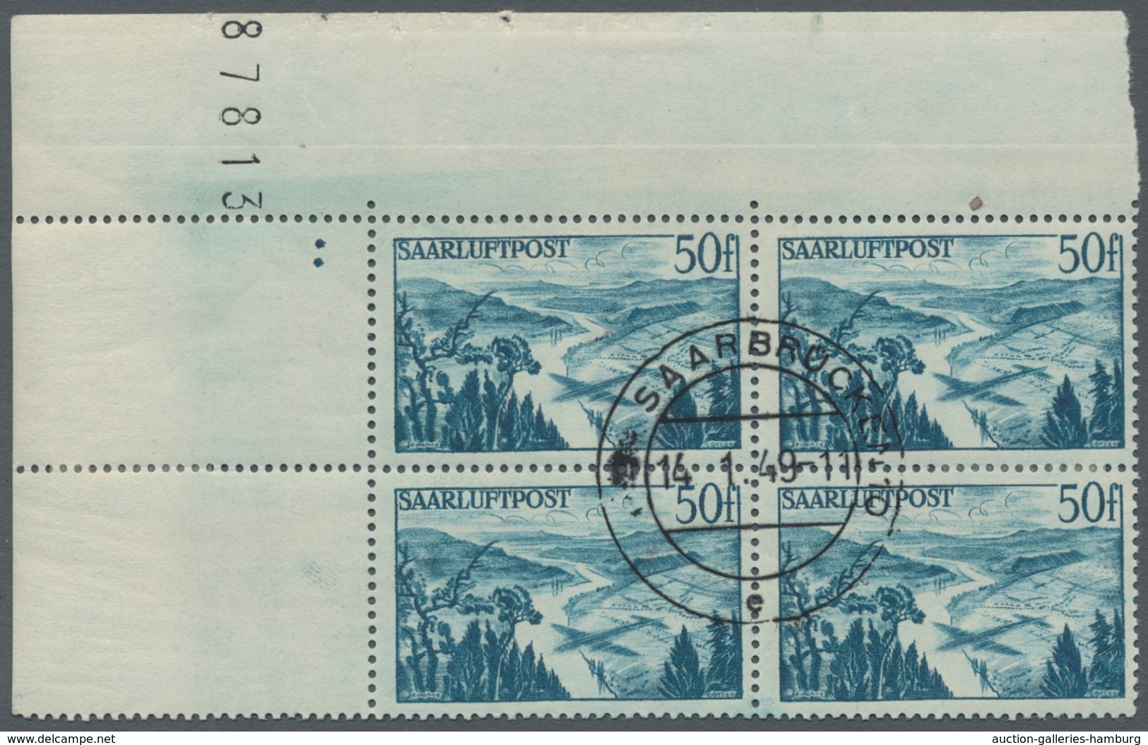 Saarland (1947/56): 1948, "25 Bis 200 Fr. Flugpost Saar III", Zentral Gestempelter Eckrand-Viererblo - Cartas & Documentos