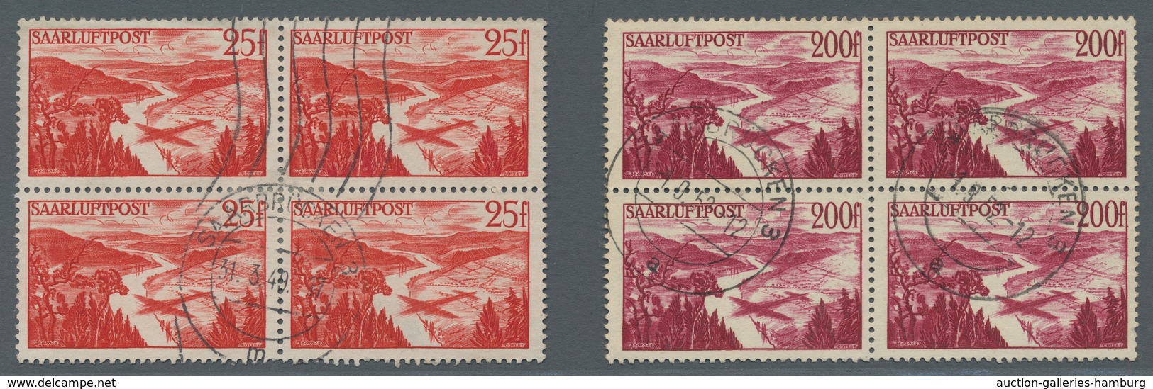 Saarland (1947/56): 1948, "25 Und 200 Fr. Flugpost Saar III", Gestempelte Viererblocks In Sehr Guter - Covers & Documents