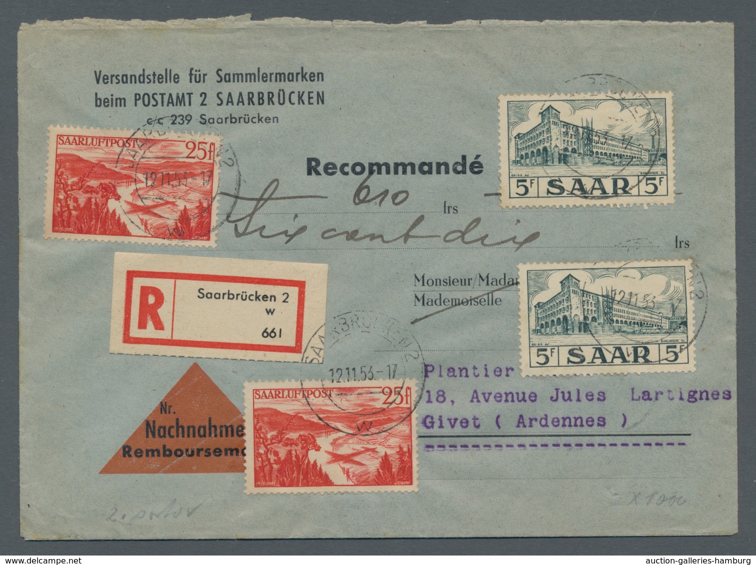 Saarland (1947/56): 1948,25 Fr. Flugpostmarke 2x In Mif. Mit 2x 5 Fr. Saar IV, Auf Einschreiben-Nach - Cartas & Documentos