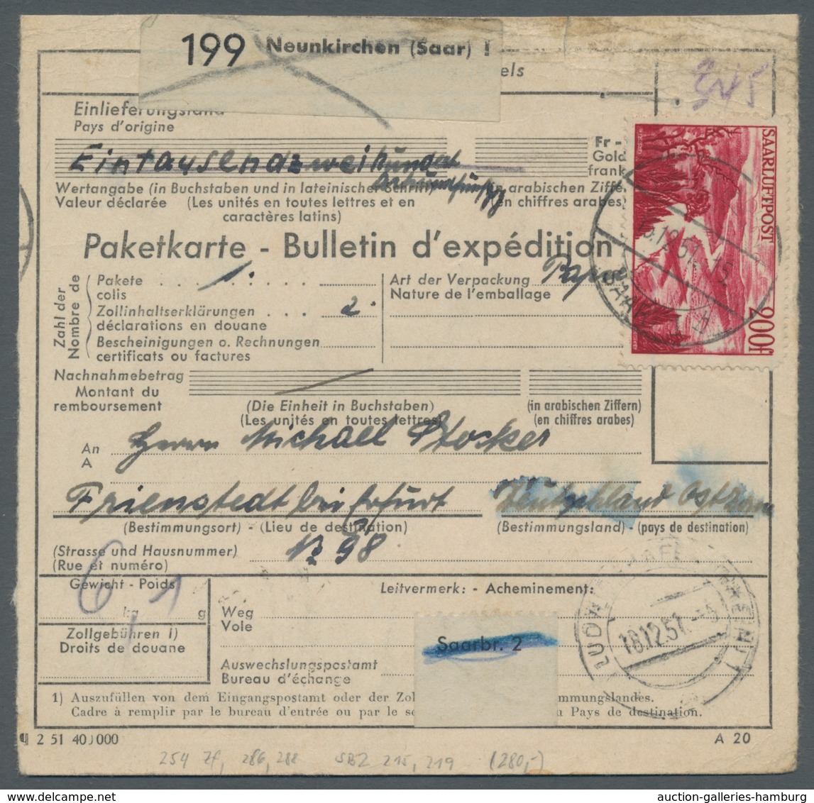 Saarland (1947/56): 1948, "200 Fr. Saar III" In MiF Auf Paketkarte Von NEUNKIRCHEN (SAAR) H 15.12.51 - Covers & Documents