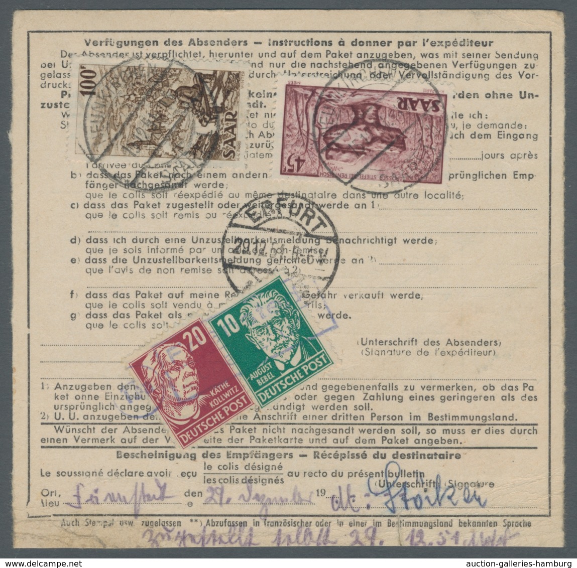 Saarland (1947/56): 1948, "200 Fr. Saar III" In MiF Auf Paketkarte Von NEUNKIRCHEN (SAAR) H 15.12.51 - Cartas & Documentos