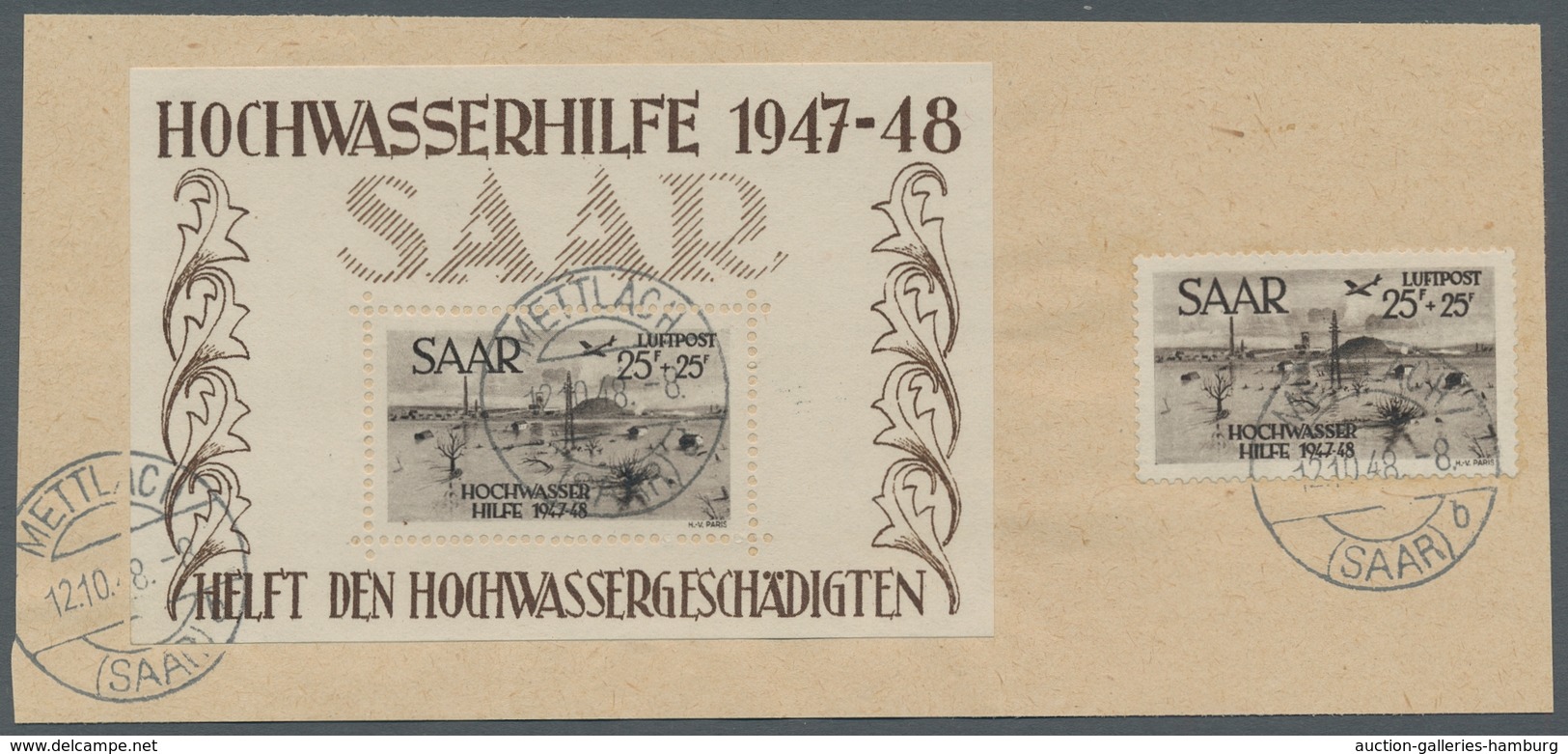 Saarland (1947/56): 1948, "Hochwasserhilfe", Satz Und Blockpaar Je Mit Ersttagsstempel METTLACH (SAA - Cartas & Documentos