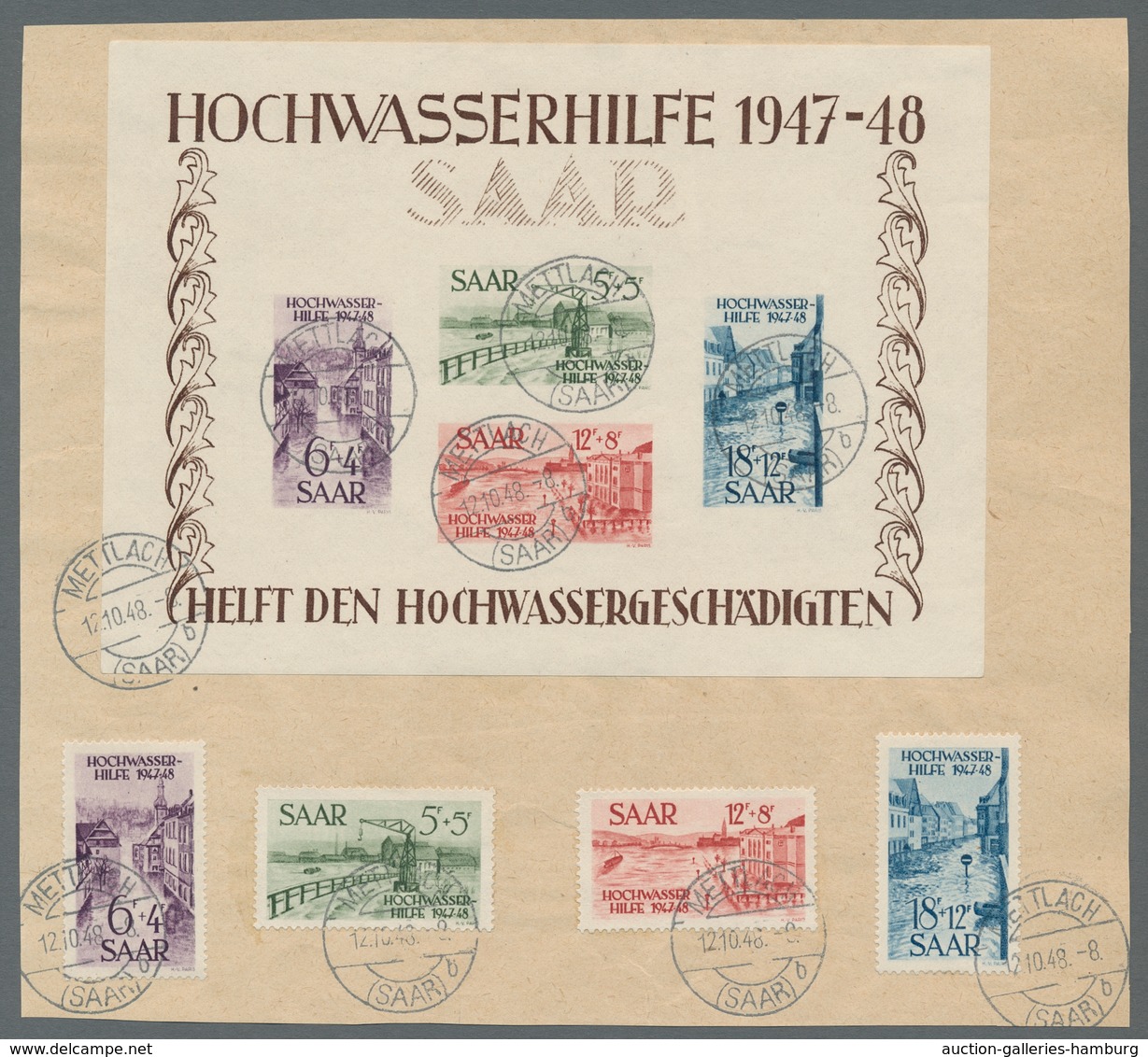 Saarland (1947/56): 1948, "Hochwasserhilfe", Satz Und Blockpaar Je Mit Ersttagsstempel METTLACH (SAA - Covers & Documents