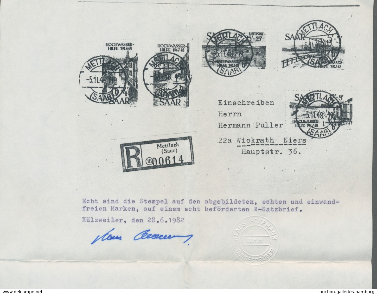 Saarland (1947/56): 1948, "Hochwasserhilfe" Komplett Auf Satz-R-Brief Von METTLACH (SAAR) B -5.11.48 - Cartas & Documentos