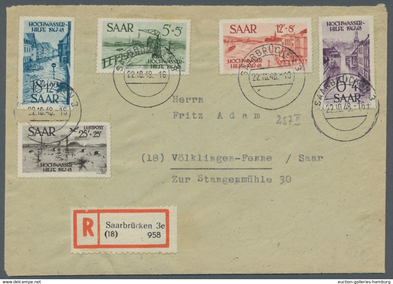 Saarland (1947/56): 1948, "Hochwasserhilfe" Komplett Auf Satz-R-Brief Von SAARBRÜCKEN 3 22.10.48 Nac - Cartas & Documentos