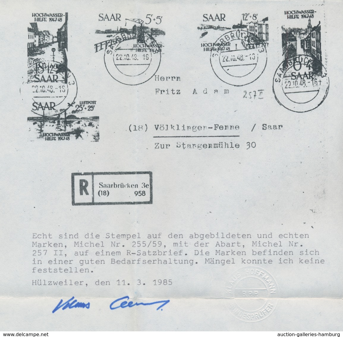 Saarland (1947/56): 1948, "Hochwasserhilfe" Komplett Auf Satz-R-Brief Von SAARBRÜCKEN 3 22.10.48 Nac - Storia Postale