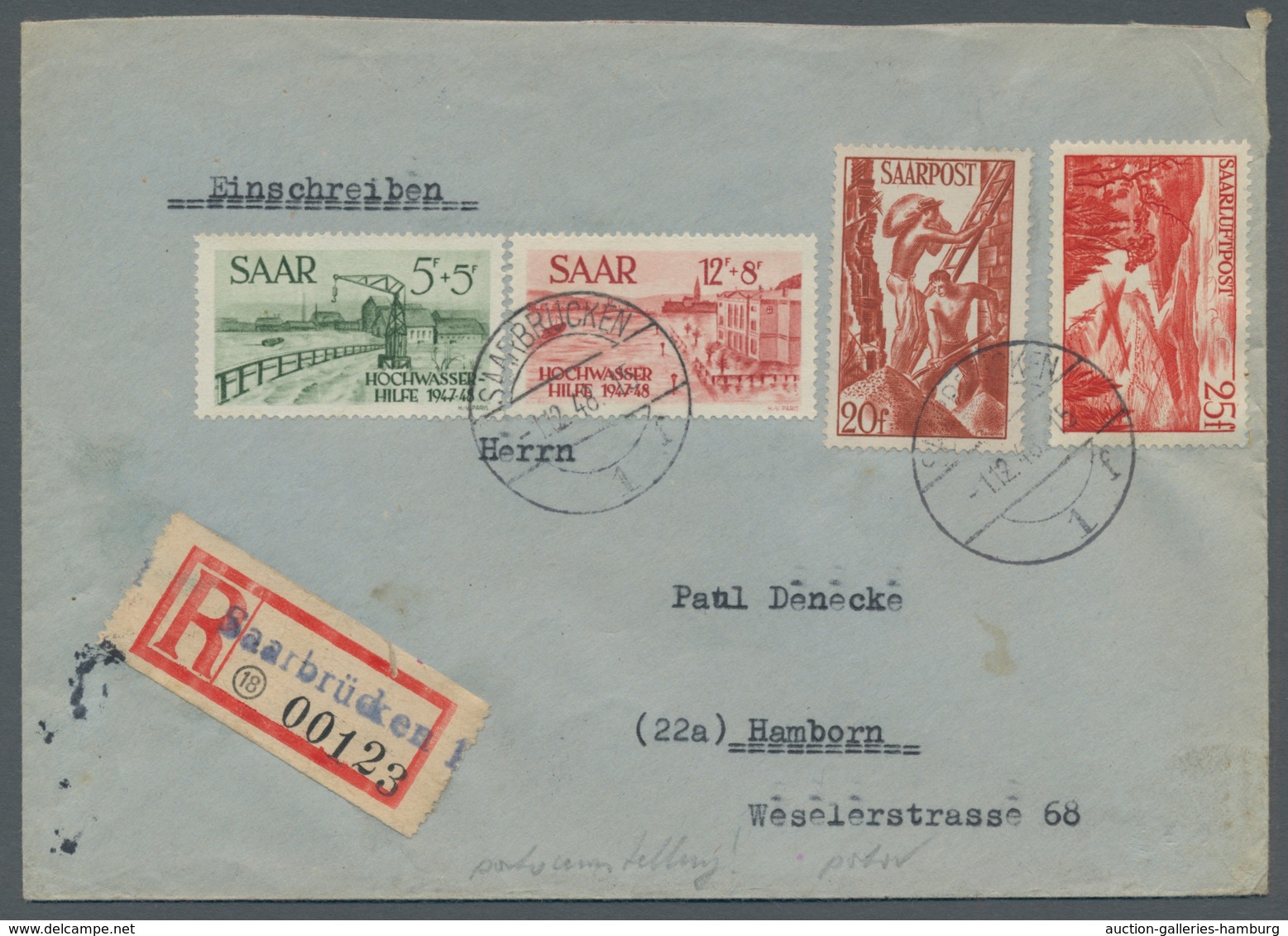 Saarland (1947/56): 1948, "Hochwasserhilfe" Komplett Auf Zwei Satz-R-Briefen Mit Zusatzfrankatur, Ei - Covers & Documents
