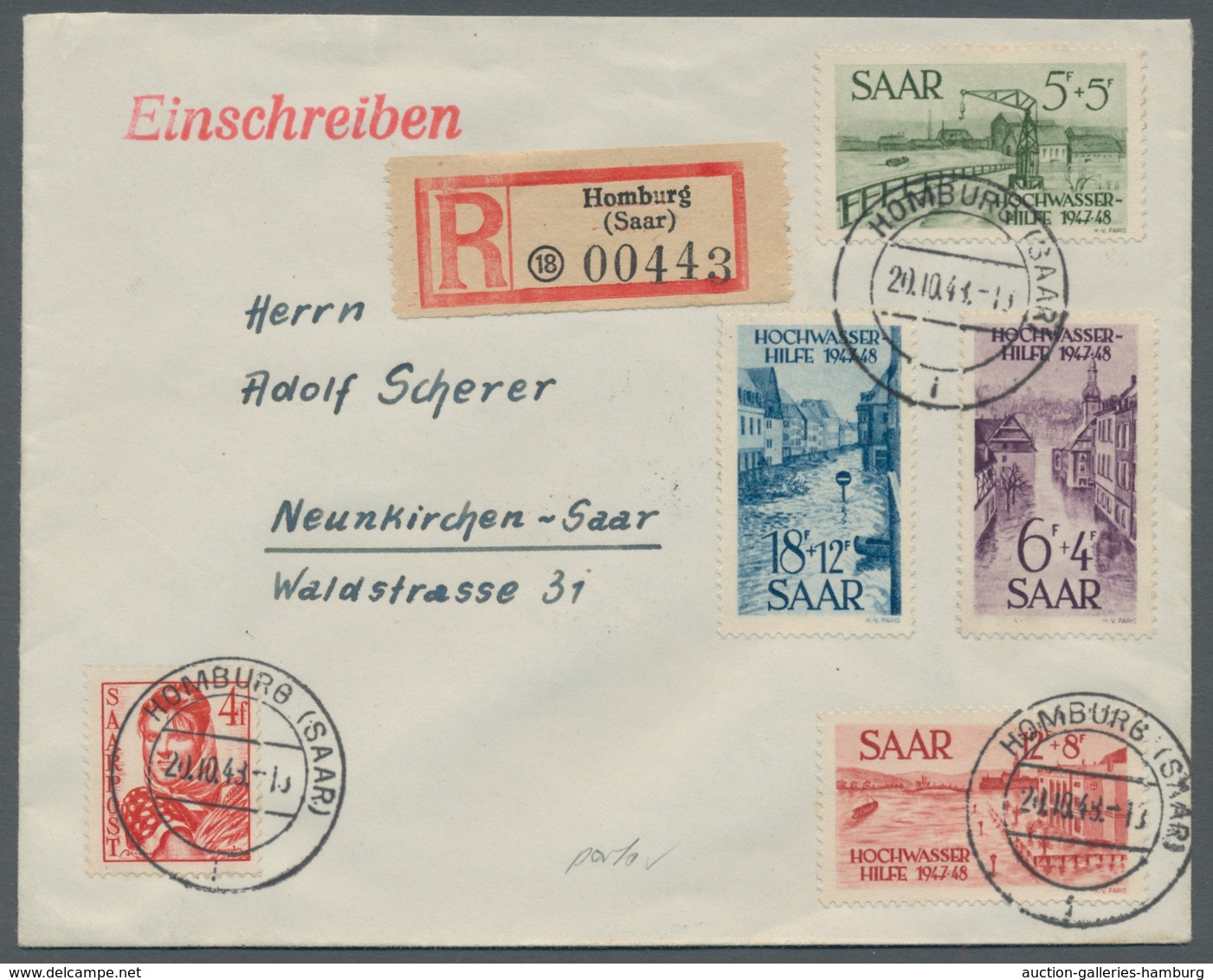 Saarland (1947/56): 1948, "5 Bis 18 Fr. Hochwasserhilfe" Mit Zusatzfrankatur Als Portorichtige MiF A - Cartas & Documentos