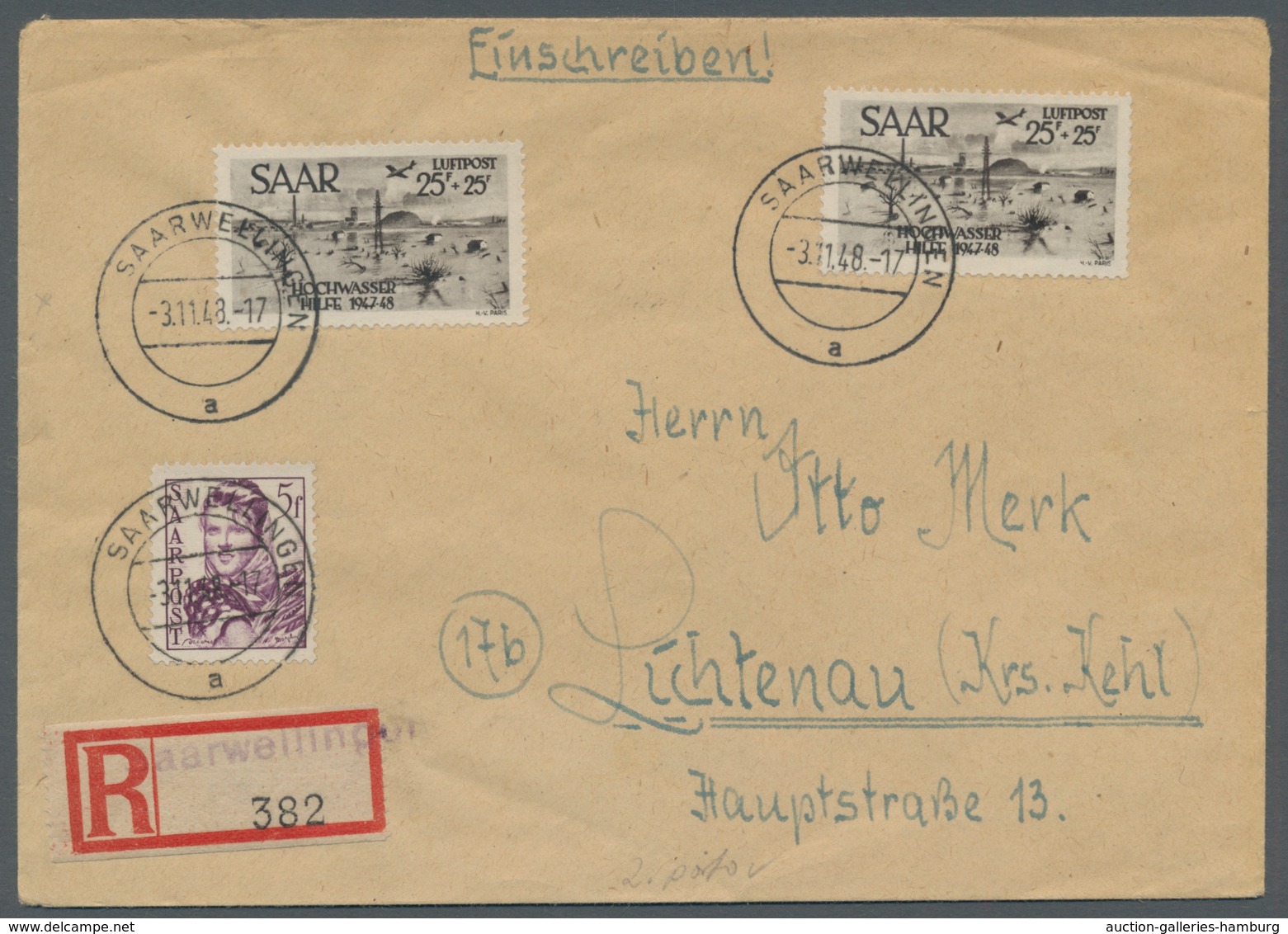 Saarland (1947/56): 1948, "25 Fr. Hochwasserhilfe", Zwei Werte Mit Zusatzfrankatur Auf Portorichtige - Cartas & Documentos