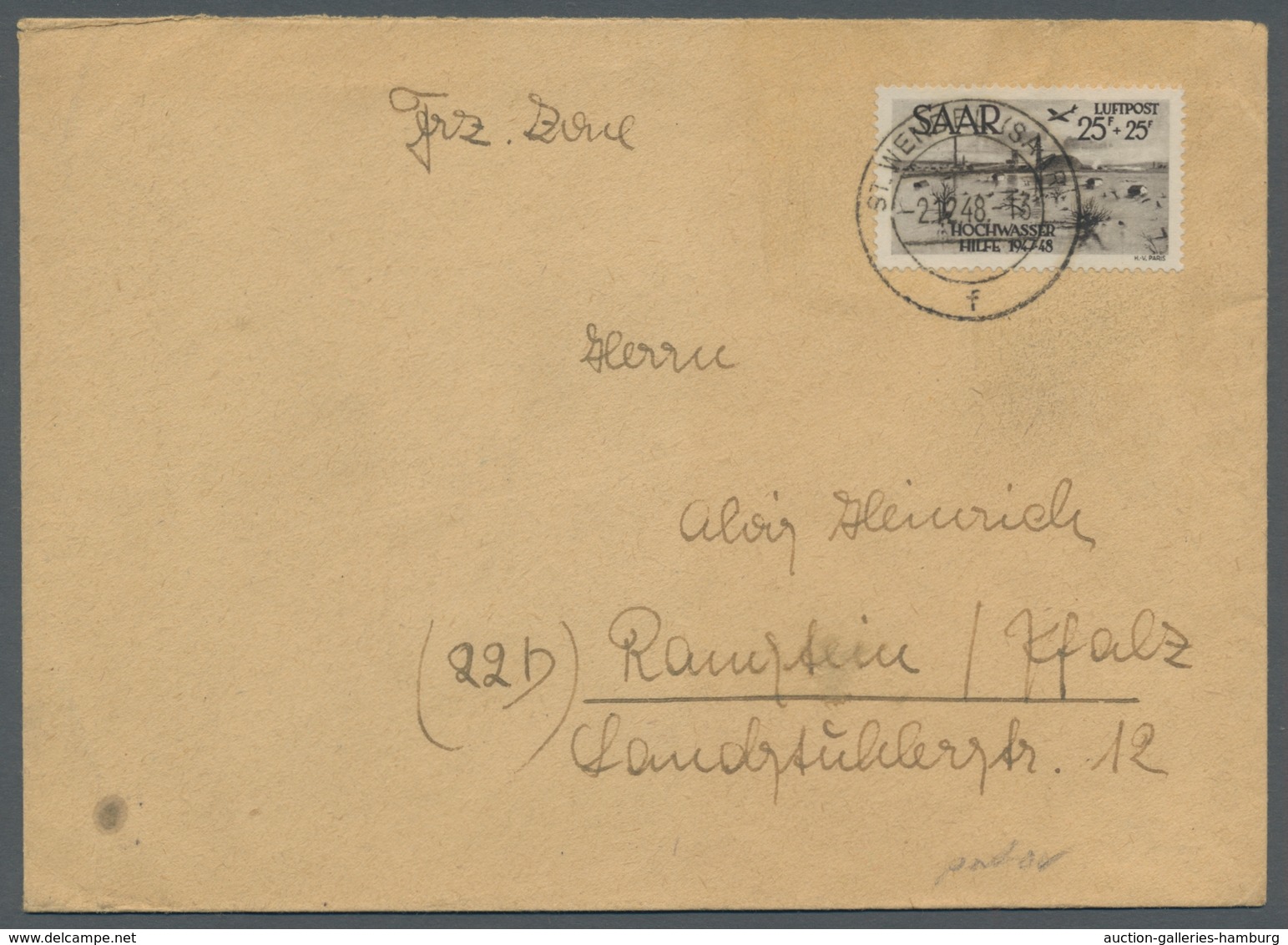 Saarland (1947/56): 1948, "25 Fr. Hochwasserhilfe" Als Portorichtige EF Auf Brief Von ST. WENDEL (SA - Cartas & Documentos