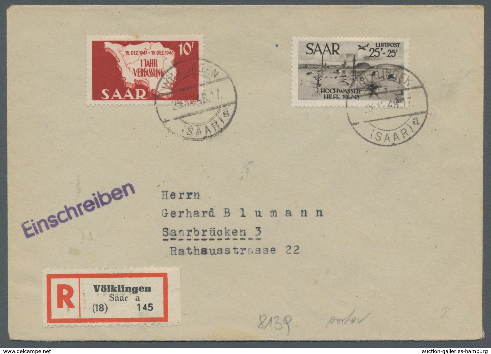 Saarland (1947/56): 1948, "25 Fr. Hochwasserhilfe" Mit Zusatzfrankatur Als Portorichtige MiF Auf R-B - Cartas & Documentos