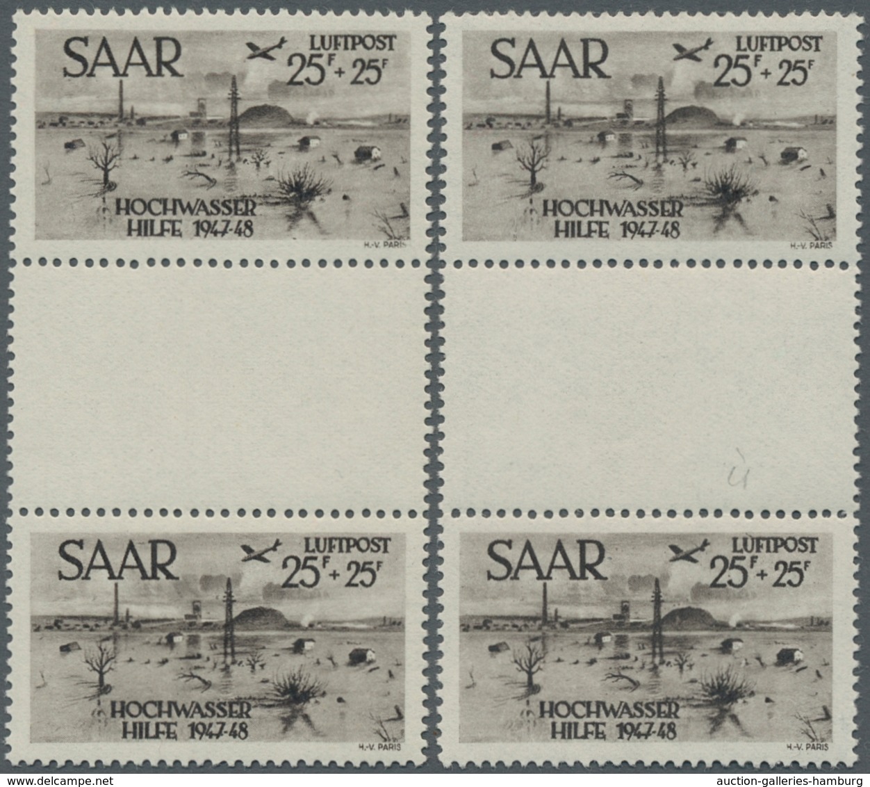 Saarland (1947/56): 1948, "25 Fr. Hochwasserhilfe Als Senkrechtes Zwischenstegpaar", Zwei Postfrisch - Cartas & Documentos