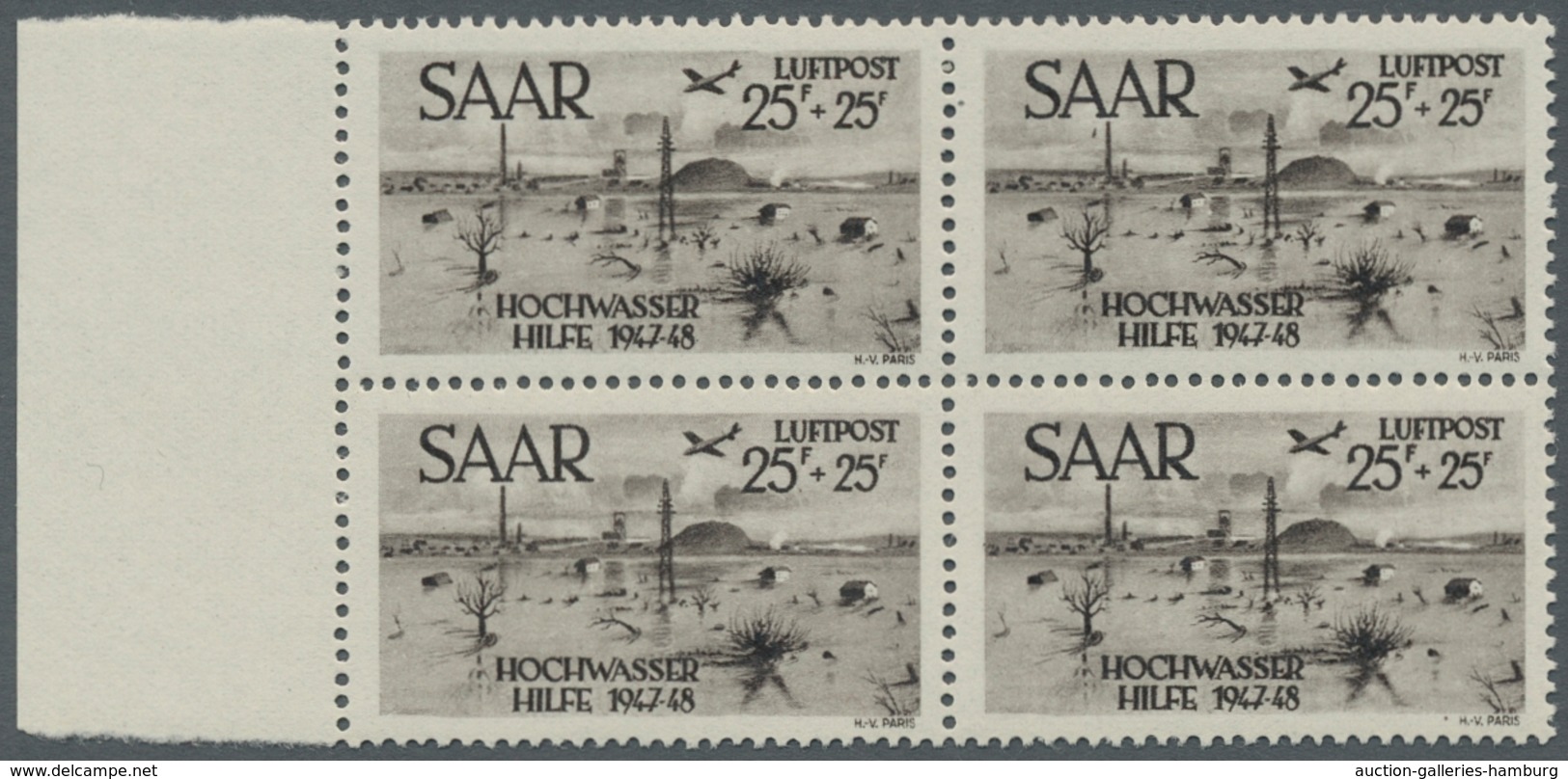Saarland (1947/56): 1948, "25 Fr. Hochwasserhilfe Mit PLF I", Postfrischer Randviererblock Mit Dreim - Cartas & Documentos