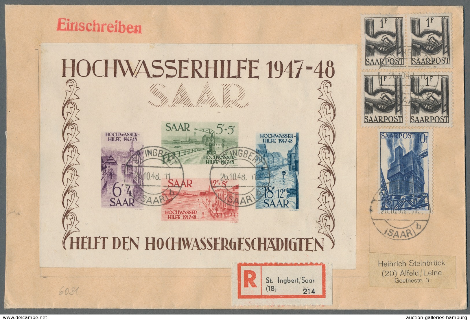 Saarland (1947/56): 1948, "Hochwasserhilfe-Blockpaar" Je Mit Zusatzfrankatur Als Portorichtige MiF ( - Cartas & Documentos