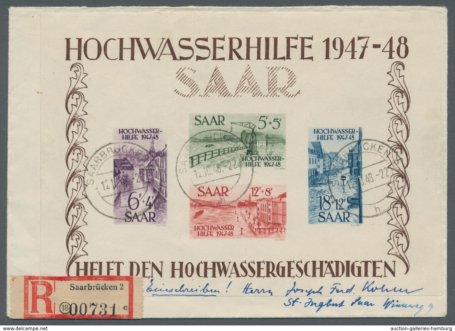 Saarland (1947/56): 1948, "Hochwasserhilfe-Blockpaar" Komplett Auf Zwei R-Briefen Mit Ersttagsstempe - Cartas & Documentos