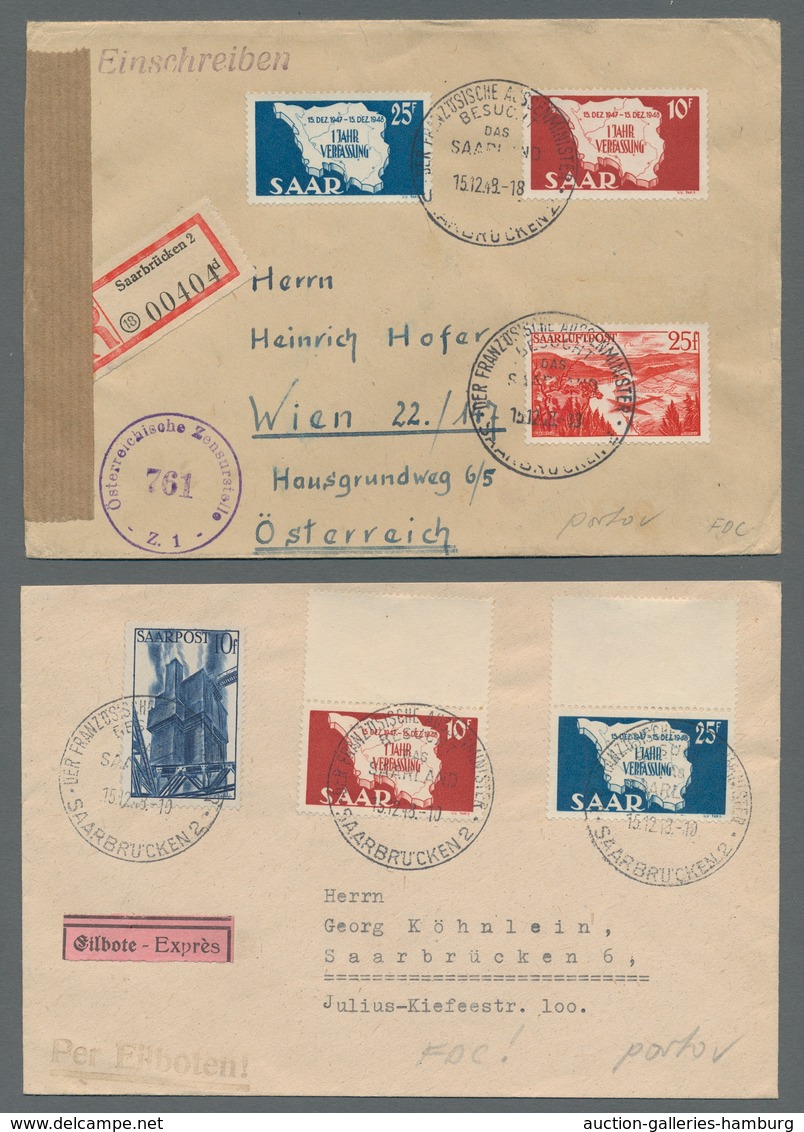 Saarland (1947/56): 1948, "1 Jahr Verfassung", Zwei Ersttagsbriefe Mit ESST Und Je Zusatzfrankatur A - Covers & Documents