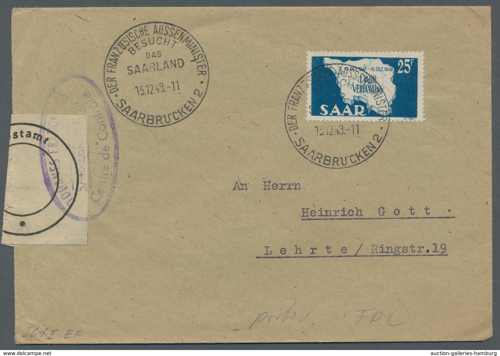 Saarland (1947/56): 1948, "25 Fr. 1 Jahr Verfassung" Mit ESST Als Portorcihtige EF Auf Brief Nach Le - Cartas & Documentos