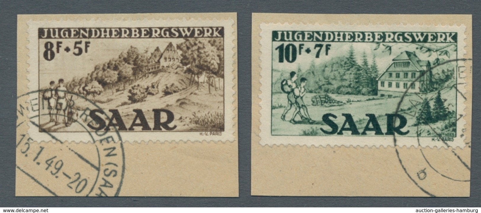 Saarland (1947/56): 1949, "Jugendherbersgwerk", Komplett Auf Zwei Briefstücken, Sauber Gestempelt, T - Cartas & Documentos