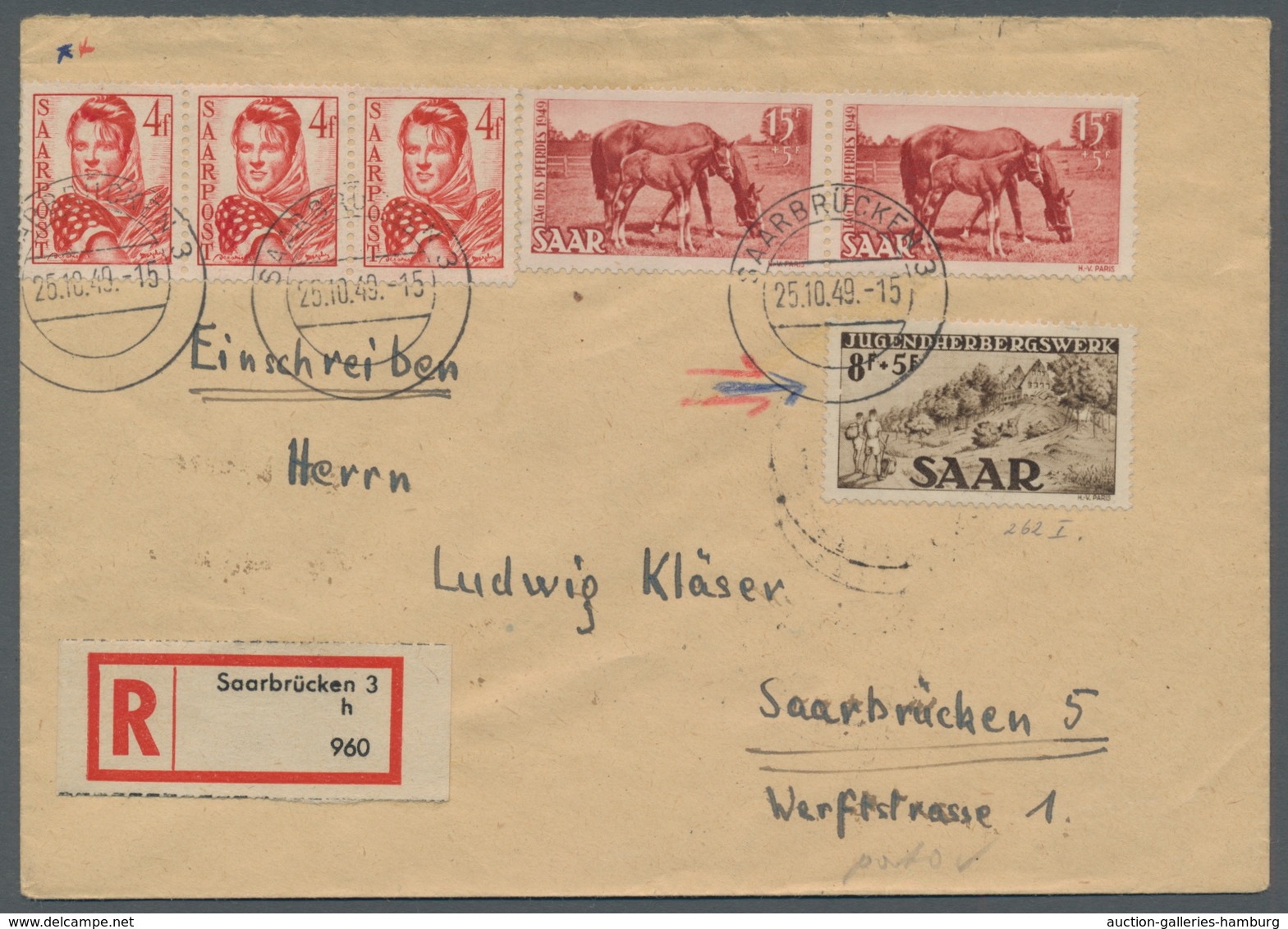 Saarland (1947/56): 1949, "10 Fr. Jugendherbergswerk Mit PLF I" Mit Zusatzfrankatur (u.a. Paar Mi. 2 - Cartas & Documentos