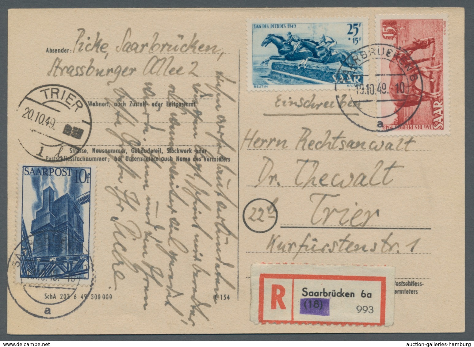 Saarland (1947/56): 1949, "Tag Des Pferdes" Mit Zusatzfrankatur Als Portorichtige MiF Auf R-Karte Vo - Cartas & Documentos