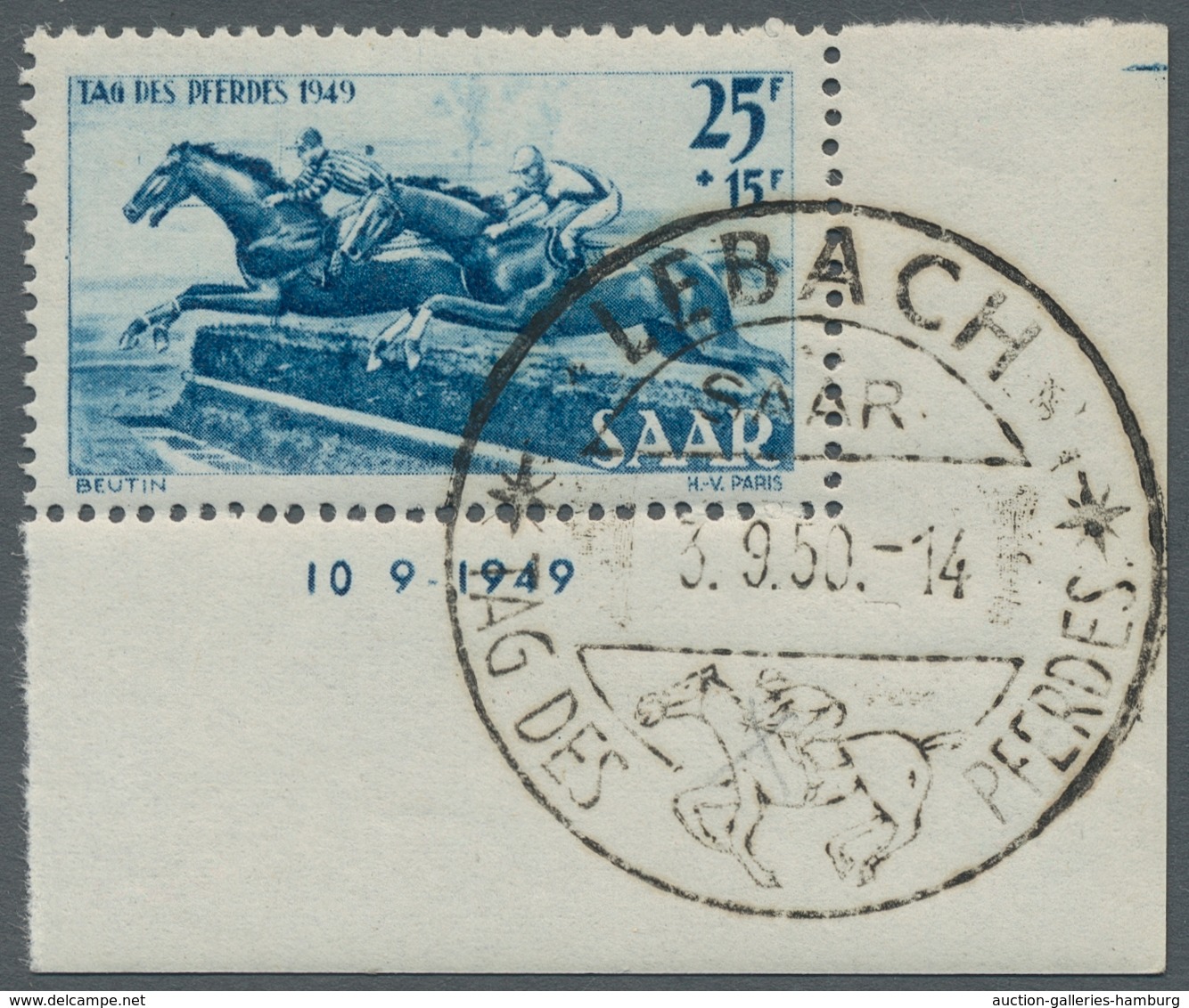 Saarland (1947/56): 1949, "Tag Des Pferdes Mit Druckdatum", Sauber Mit SST Gestempelter Eckrandsatz - Cartas & Documentos