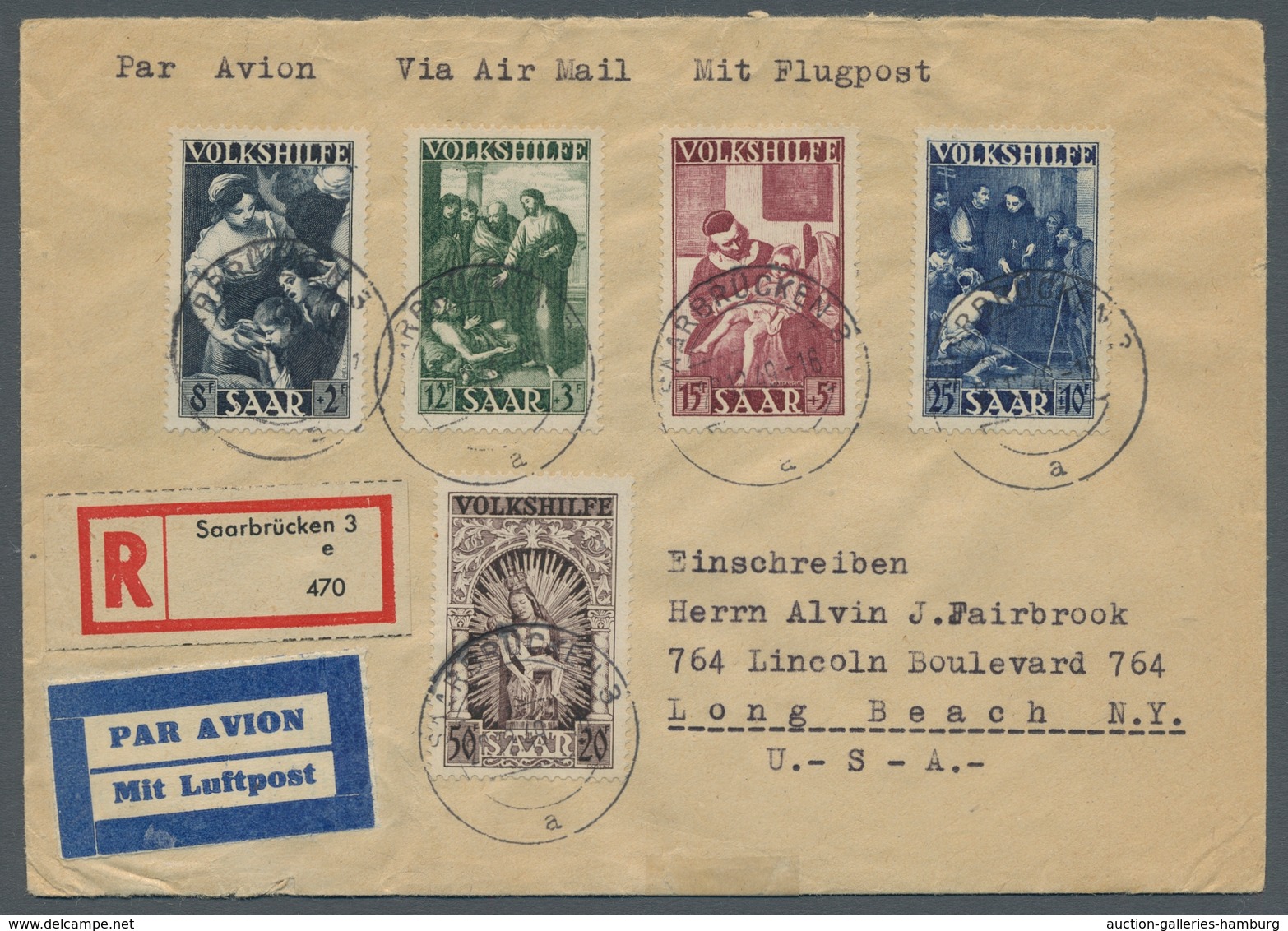 Saarland (1947/56): 1949, "Volkshilfe" Komplett Auf Flug-R-Brief Vom Ersttag SAARBRÜCKEN 3 A 20.12.4 - Cartas & Documentos