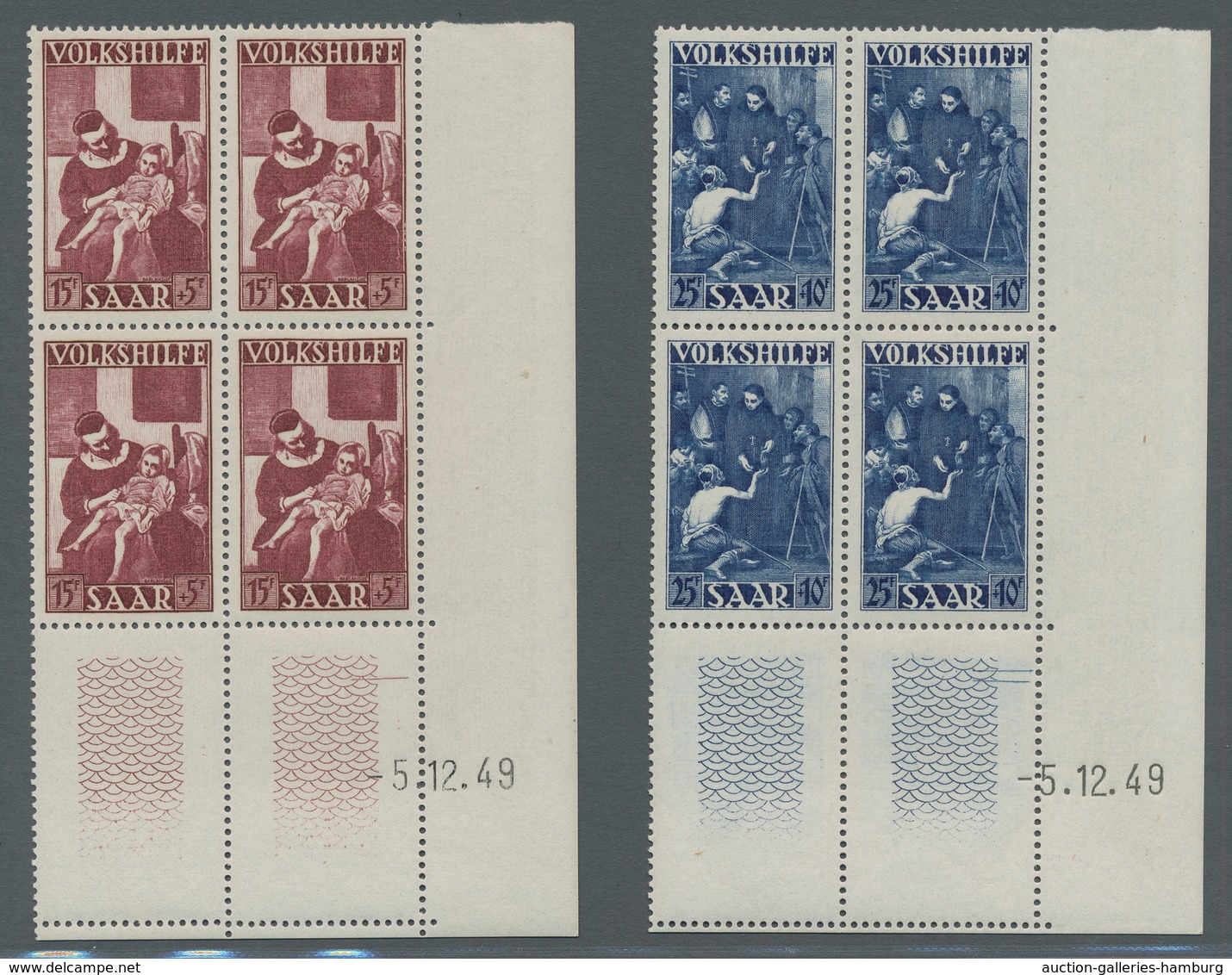 Saarland (1947/56): 1949, "Volkshilfe Mit Druckdatum", Postfrischer Eckrandviererblocksatz In Tadell - Cartas & Documentos