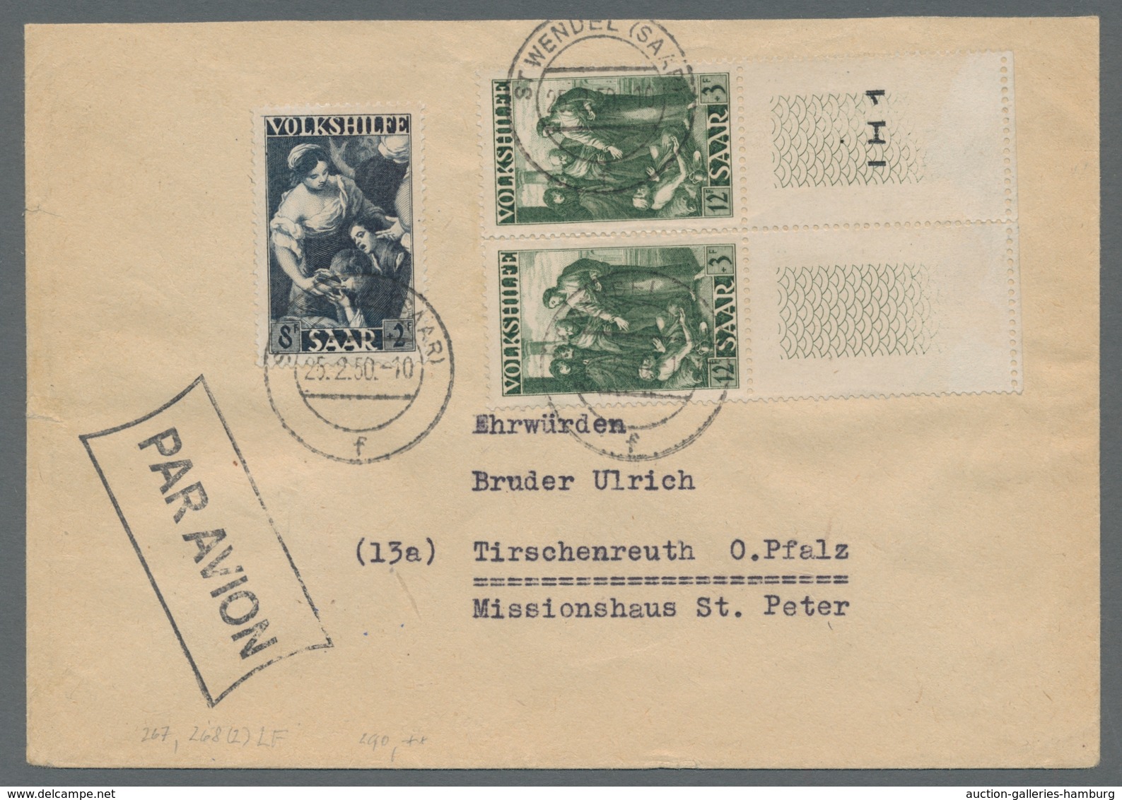 Saarland (1947/56): 1949, Gemälde I, 8 Fr. In Mif. Mit 2x 12 Fr., Beide Mit Leerfeld, Auf Brief V.St - Cartas & Documentos